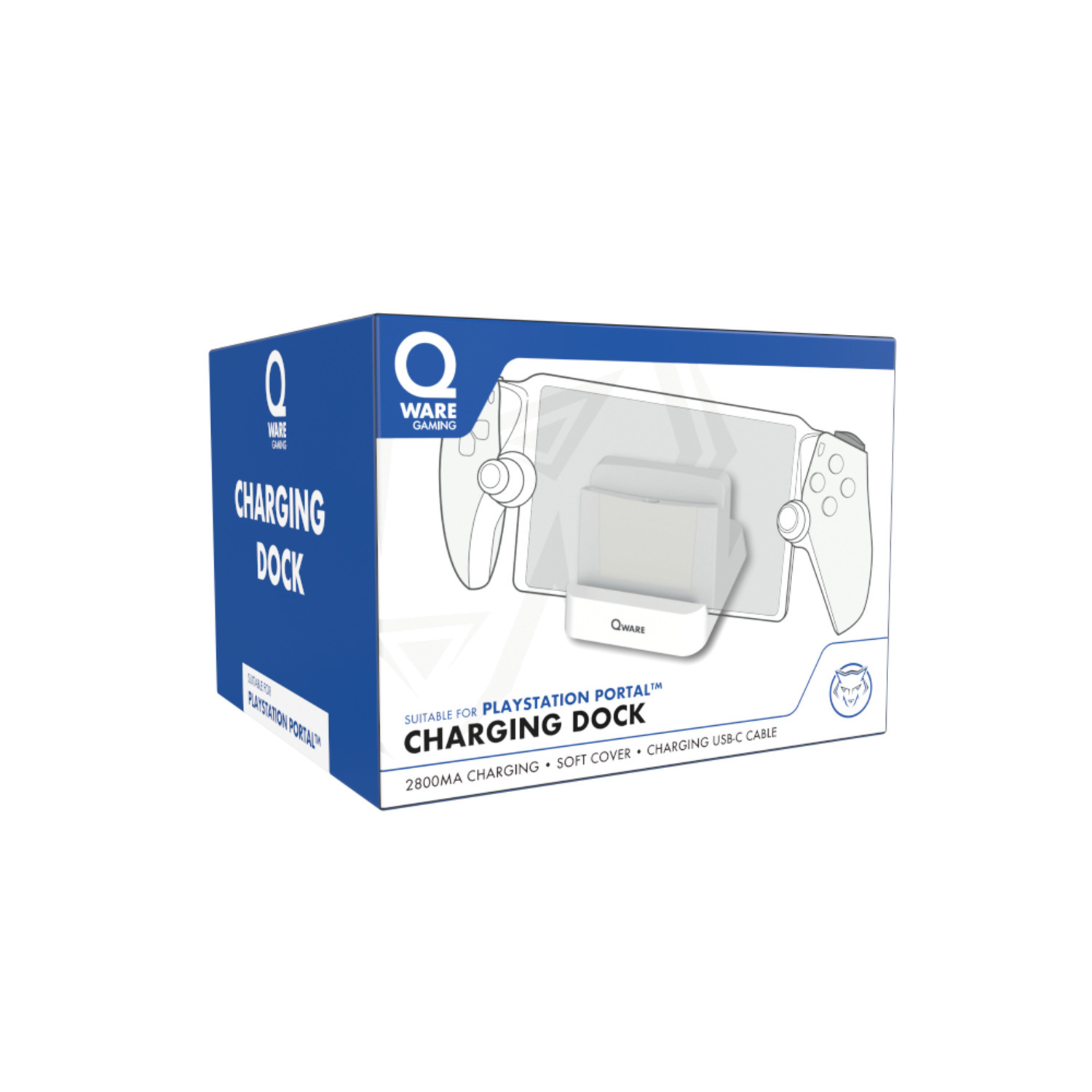 A box labeled 'QWARE' with an image of a charging dock for PlayStation Portal.