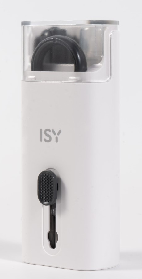 Białe urządzenie przenośne z czarnym przyciskiem, przezroczystą górą i literami 'ISY' z przodu.