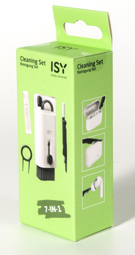 Zielone i białe pudełko zestawu do czyszczenia z tekstem 7 w 1. Widoczne obrazy narzędzi czyszczących i słuchawek.