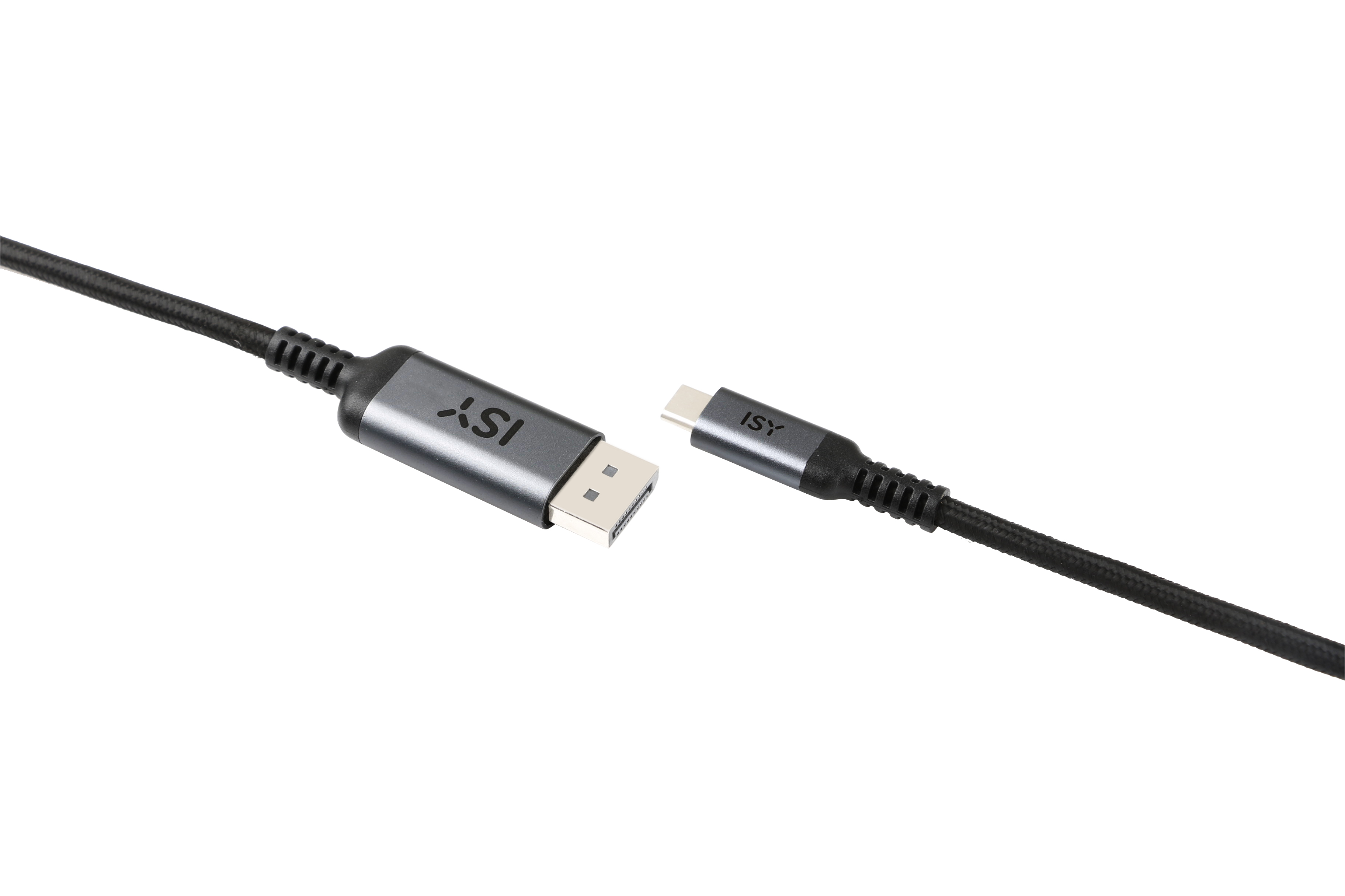 Czarny i szary kabel ISY ze złączem USB i DisplayPort. Białe tło.