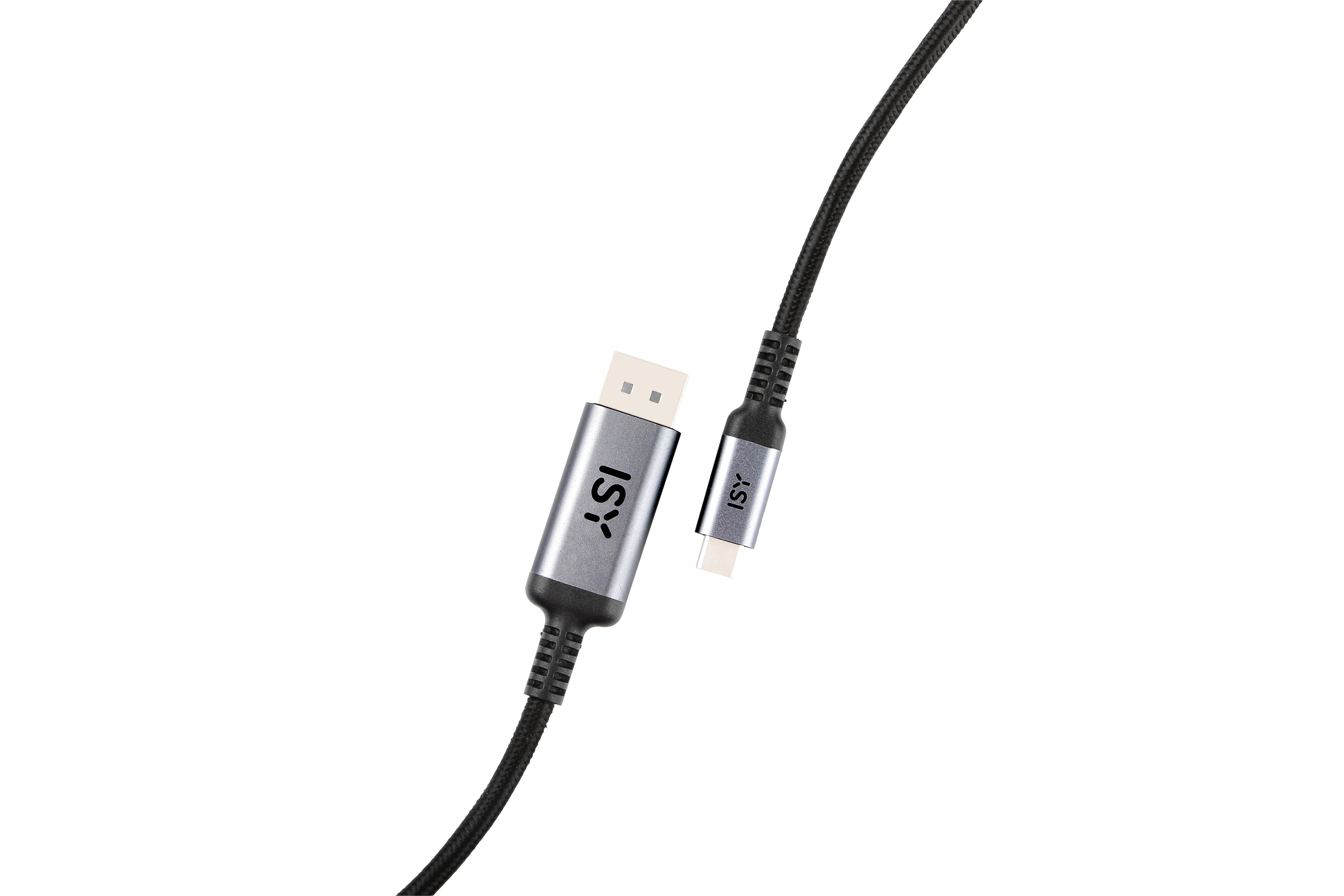 Srebrno-czarny kabel DisplayPort. Ma nadrukowane słowo 'ISY'.