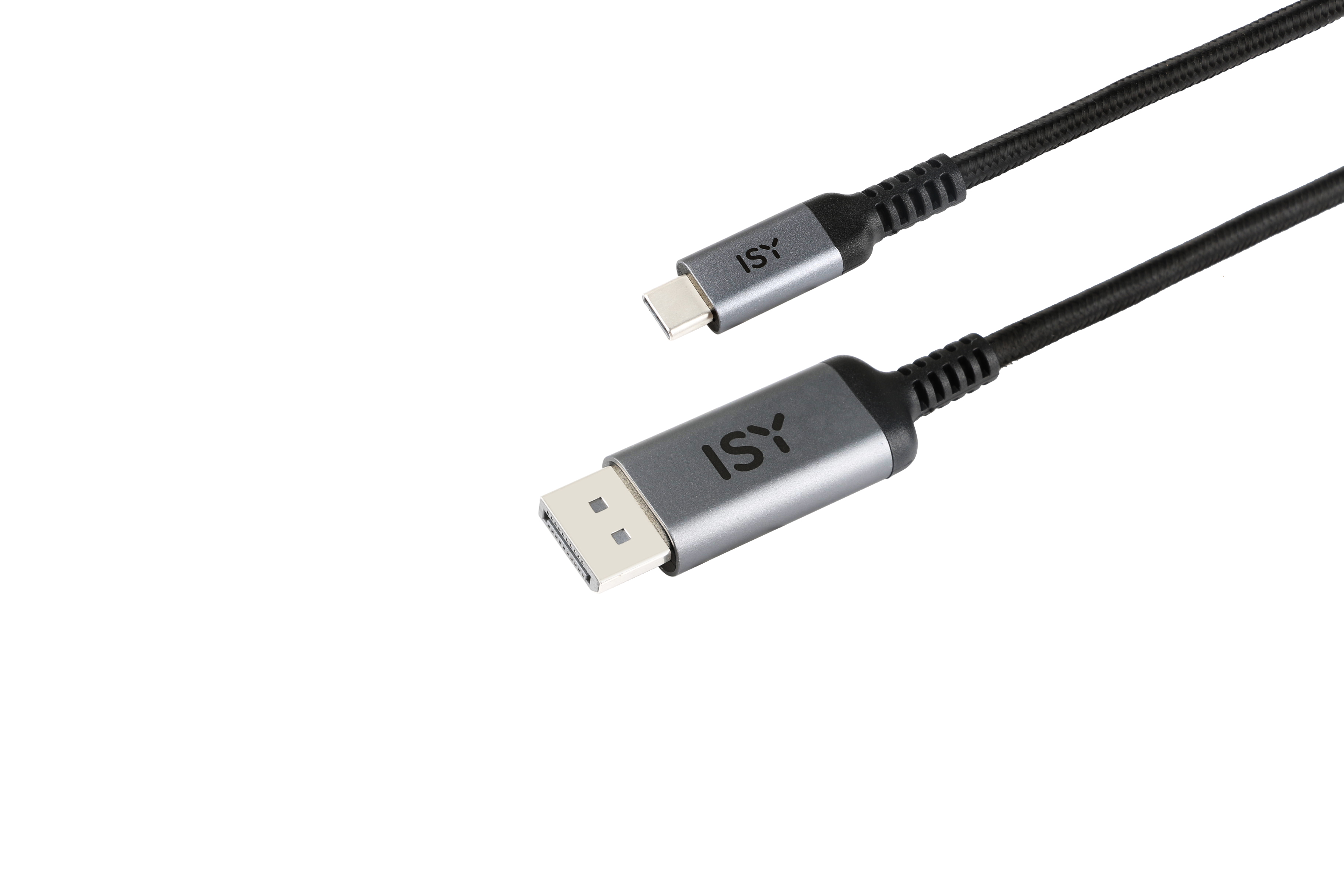 Czarno-szary kabel ISY USB-C do DisplayPort na białym tle.