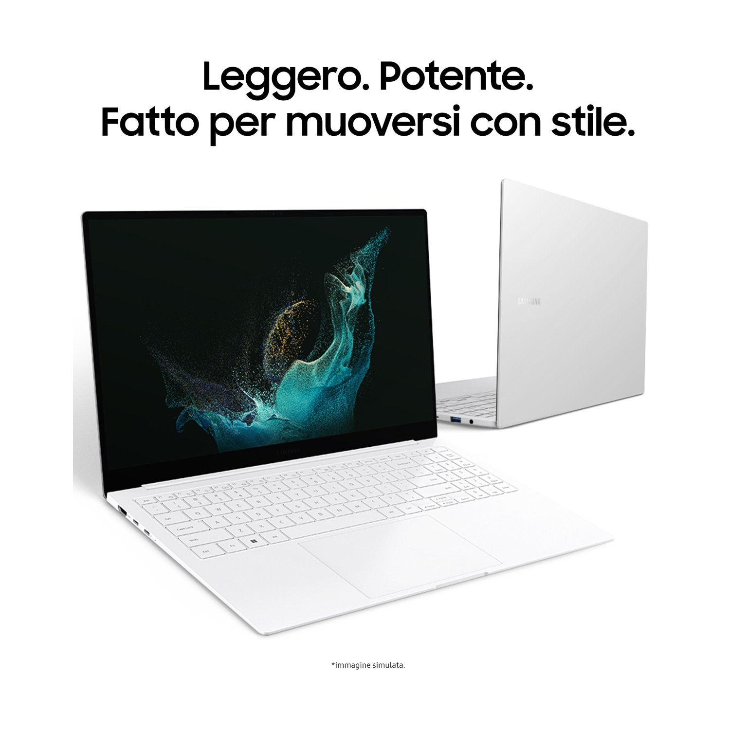 Laptop bianco dal design pulito e moderno, leggermente aperto.