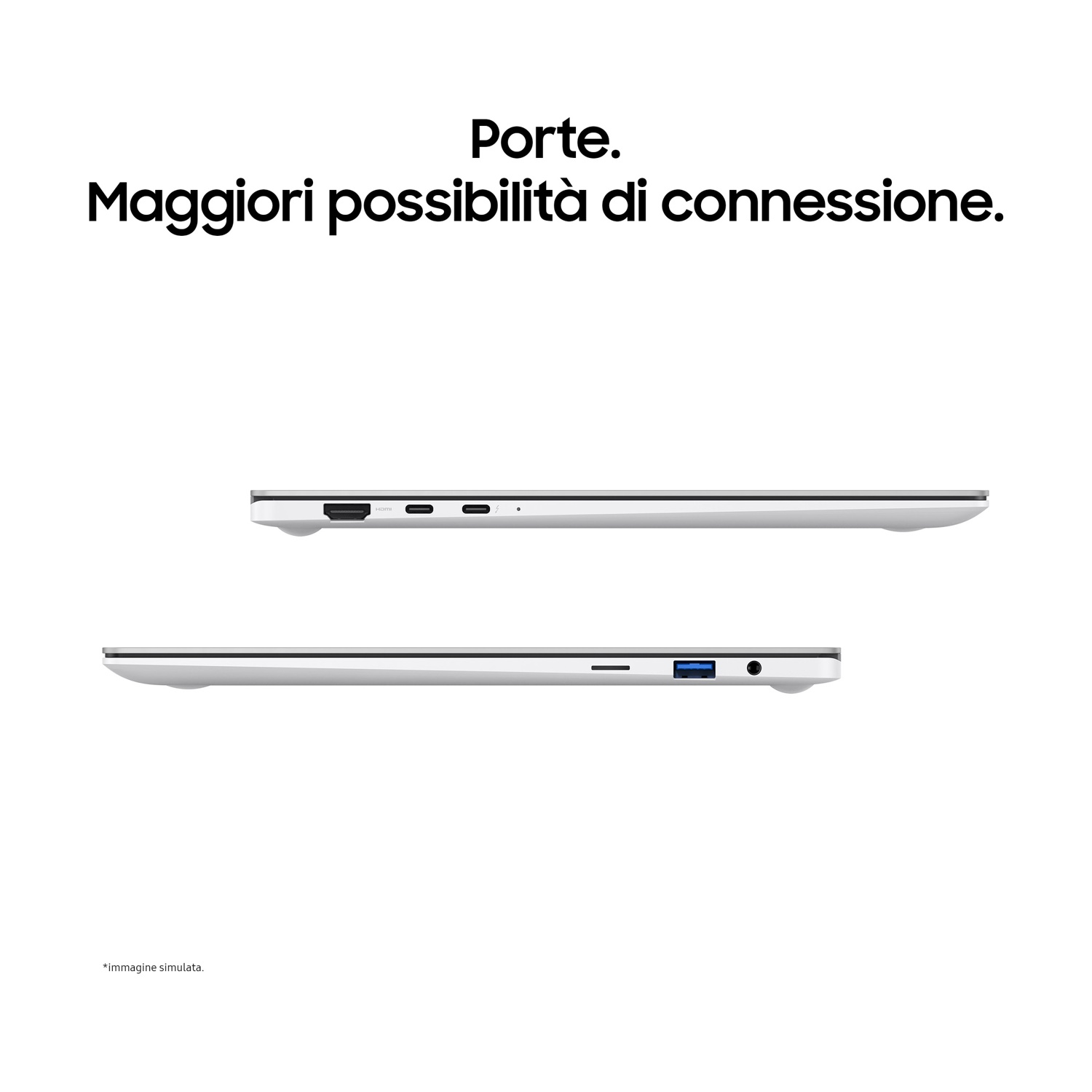 Due laptop bianchi visti di lato. Il testo dice 'Porte. Maggiori possibilità di connessione'.