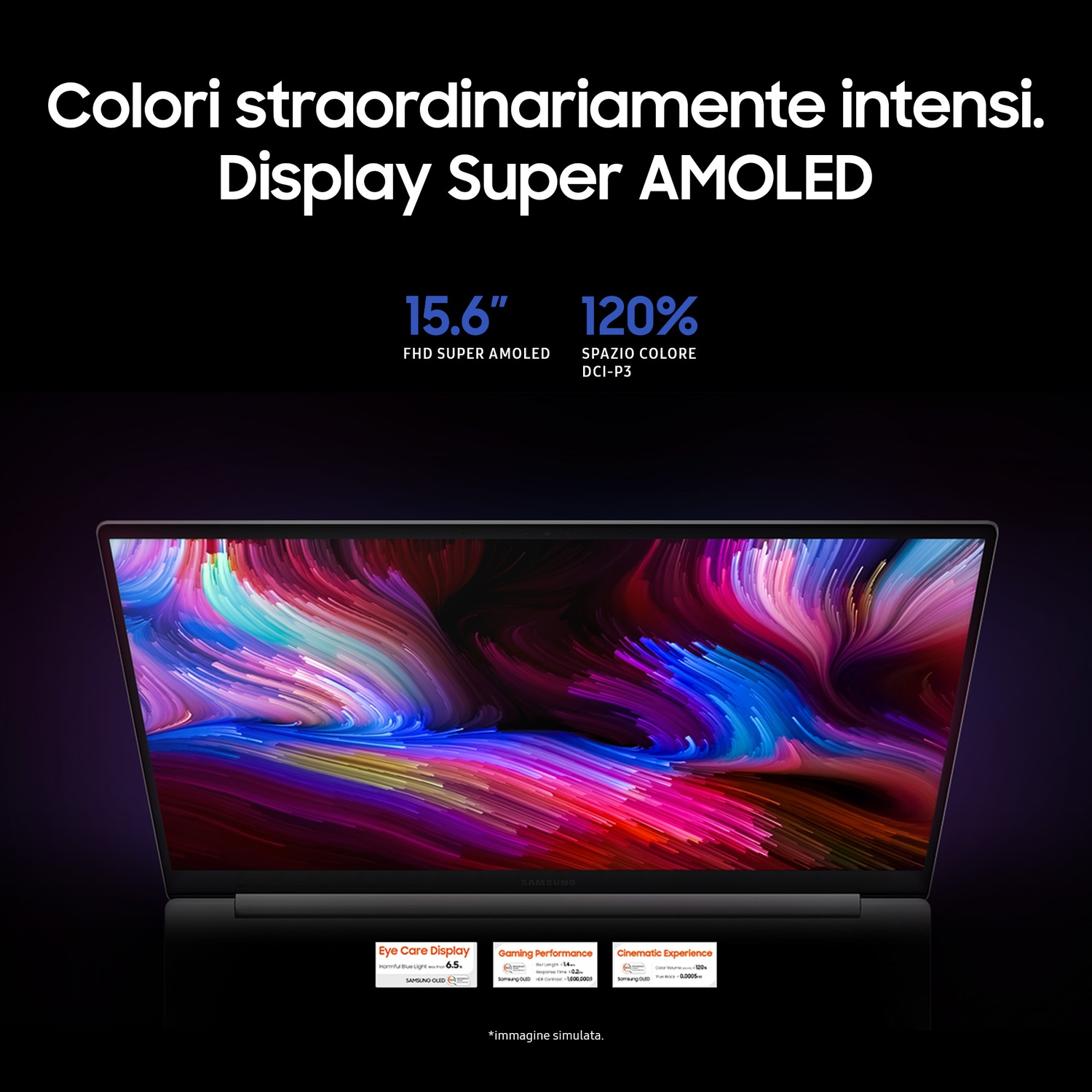 Lo schermo di un laptop mostra un design astratto e colorato su sfondo nero.