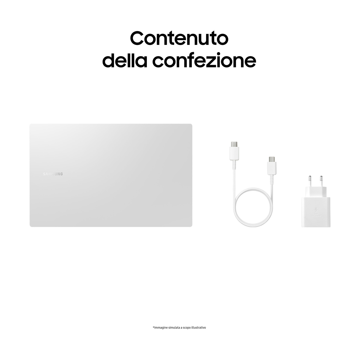 Laptop, caricatore e cavo bianchi su sfondo bianco. Testo in italiano: 'Contenuto della confezione'.