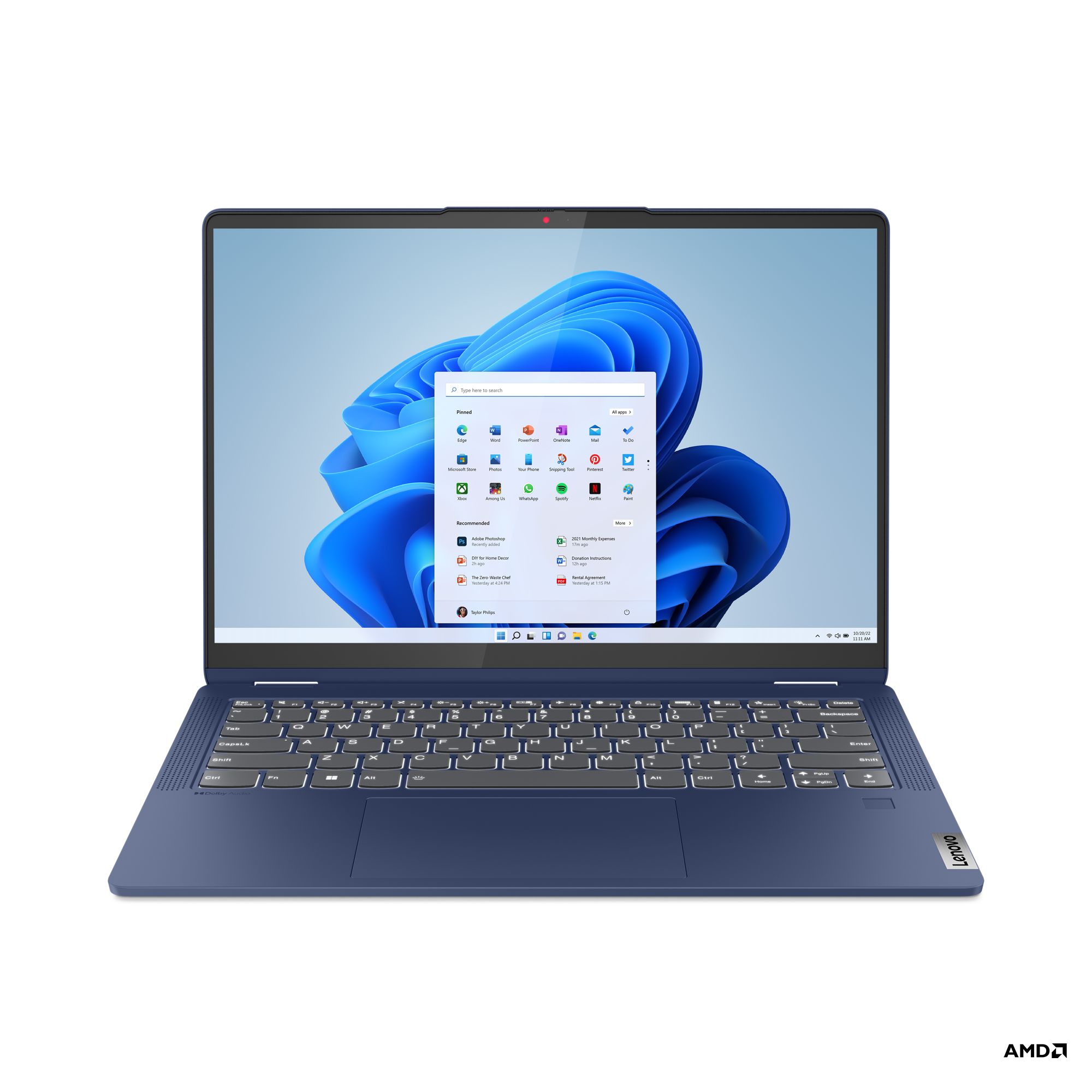 Mavi Lenovo dizüstü bilgisayar, ekranında bir Windows arayüzü açık. Siyah zemin.