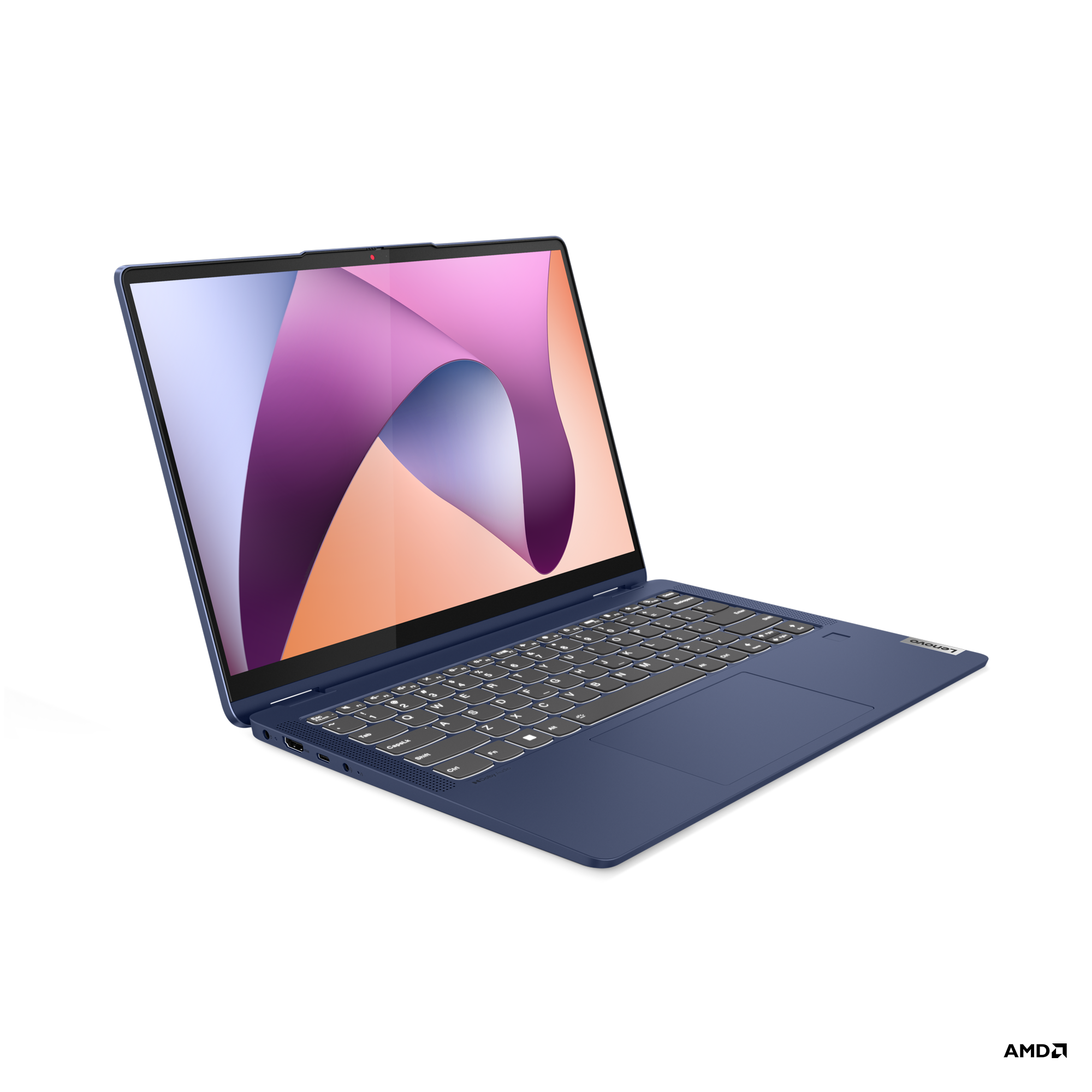 Siyah bir arka plan üzerinde mavi bir dizüstü bilgisayar, mor ve turuncu bir ekranla. Lenovo logosu görülebilir.