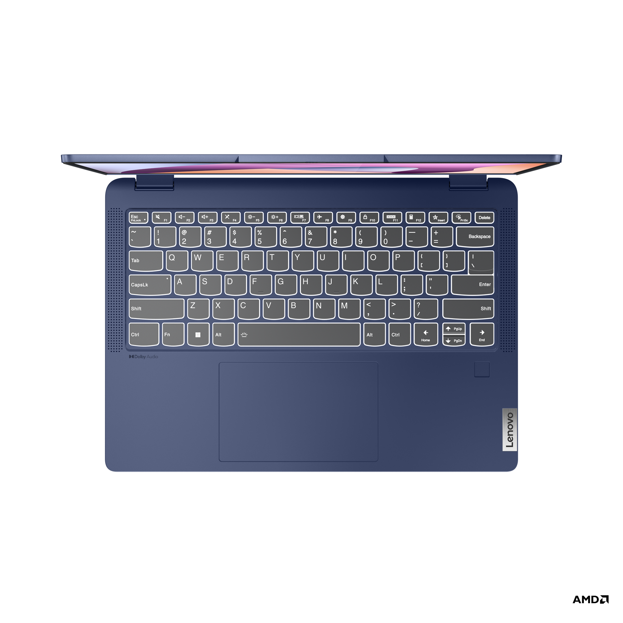 Mavi bir Lenovo dizüstü bilgisayarın üstten görünümü, yanan ekran ve klavye.