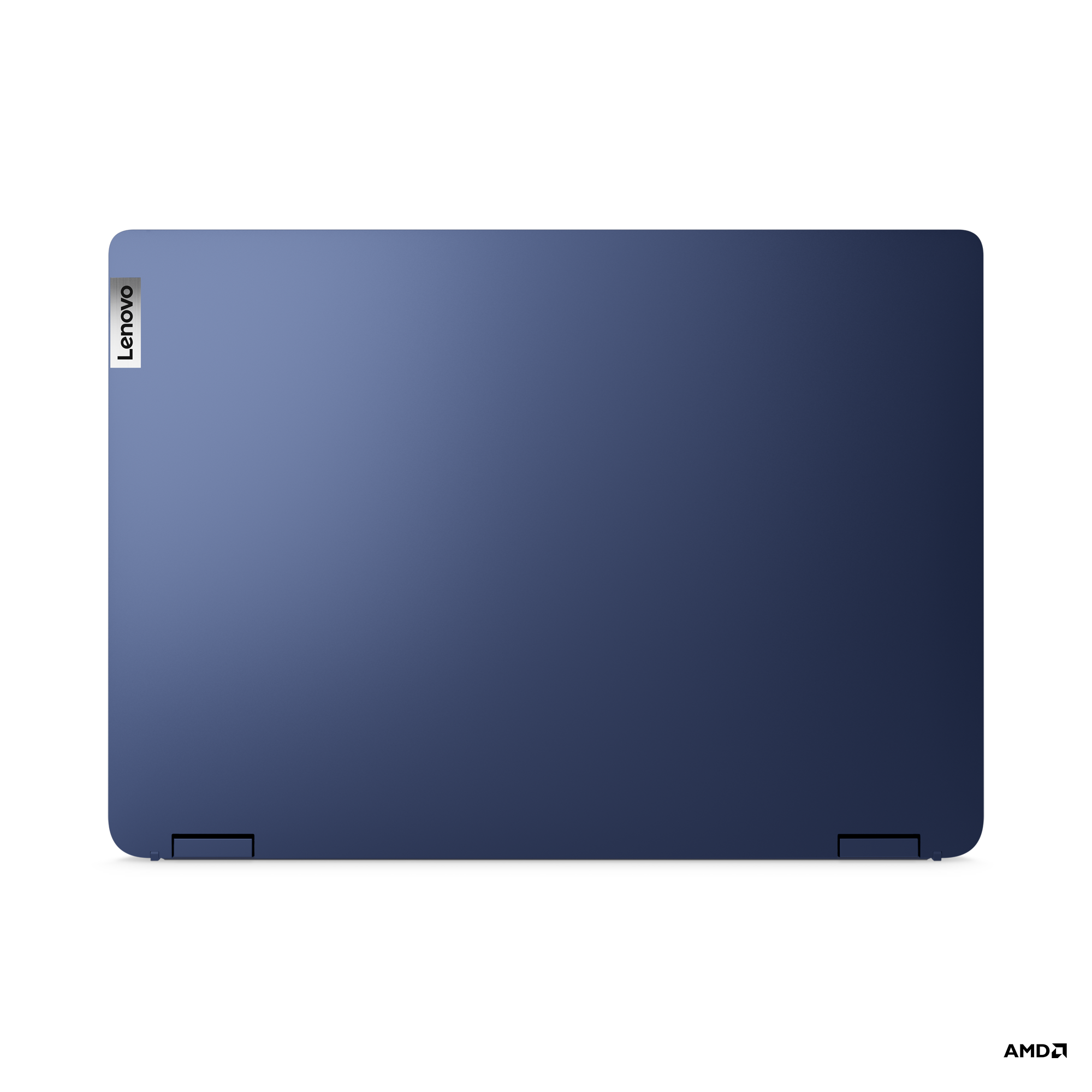 Lenovo dizüstü bilgisayar kapalı, üstten görünüm, mavi-mor kapak ve sol üst köşede Lenovo logosu.