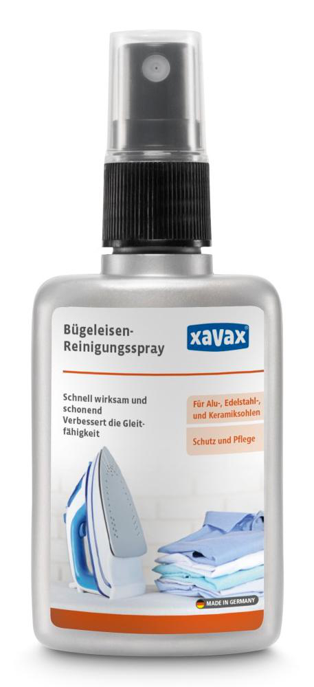 Sprühflasche zur Bügeleisenreinigung, mit Text und Bügeleisenbild.