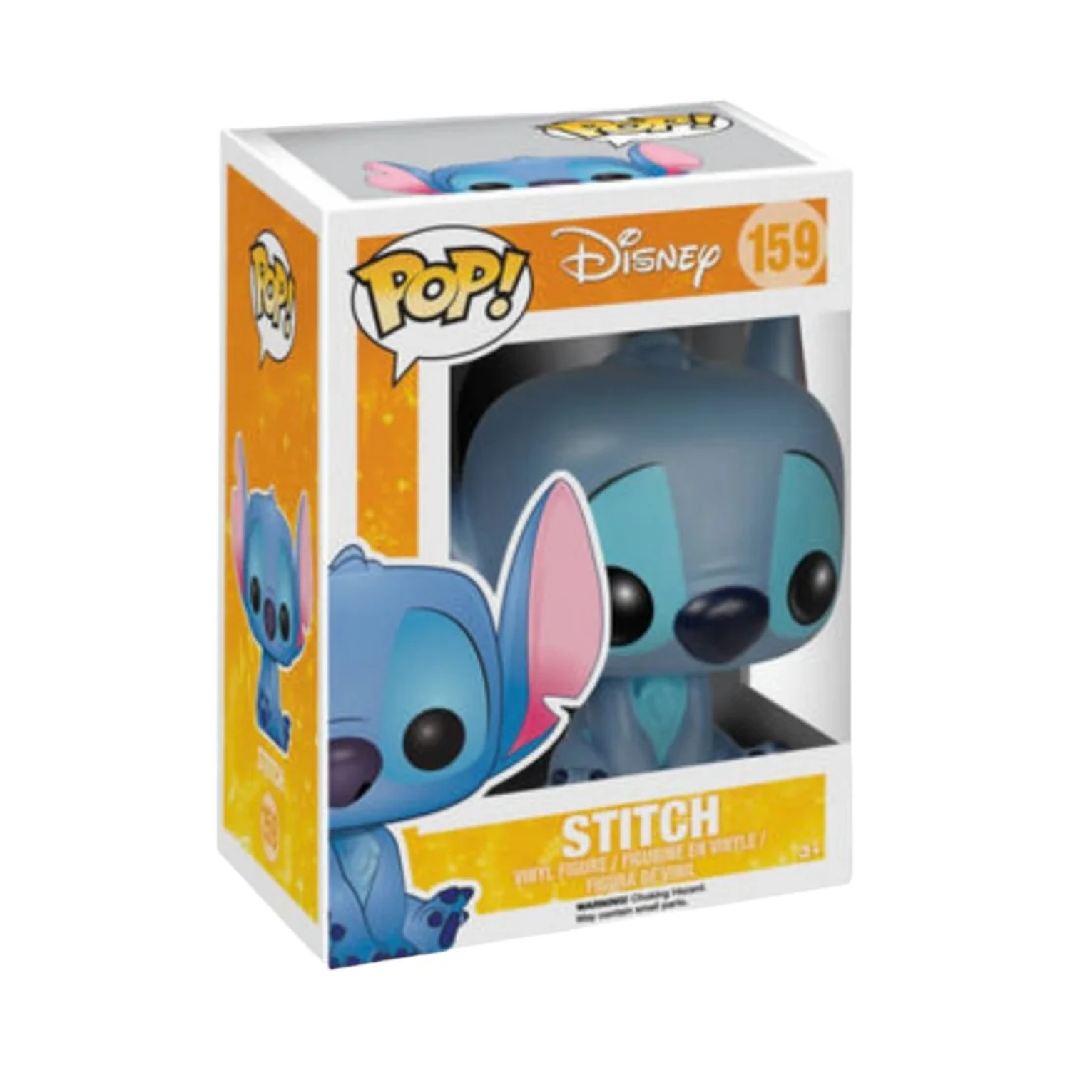 Una statuetta di Stitch Disney in una scatola. La scatola è gialla e bianca con immagini di Stitch.