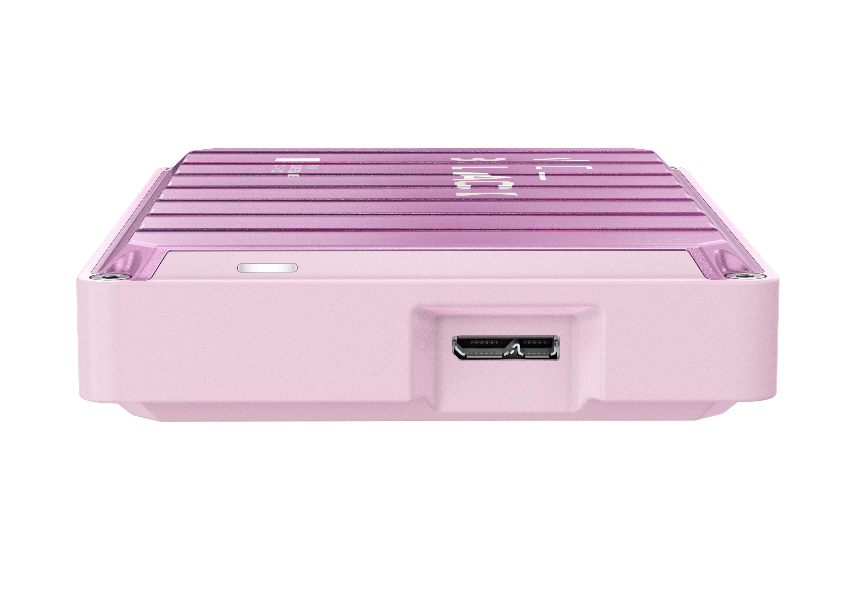 Rosa-violettes Gerät. USB-Anschluss sichtbar. Weißer Hintergrund. Geriffelte Oberfläche.