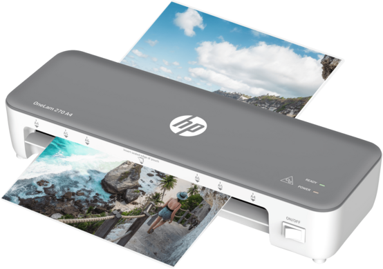 Ein HP OneLam 270 A4 Laminiergerät mit Bildern einer Strandszene, die laminiert werden.