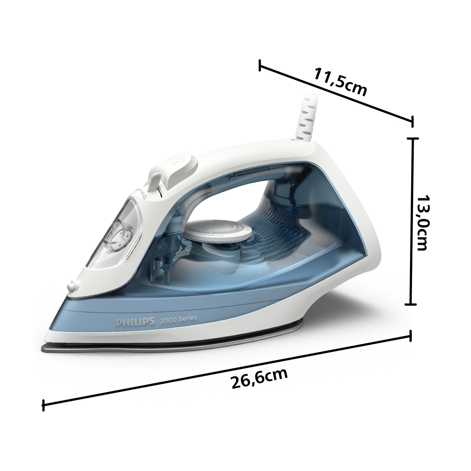 Ferro da stiro bianco e blu con dimensioni indicate. È su sfondo bianco.