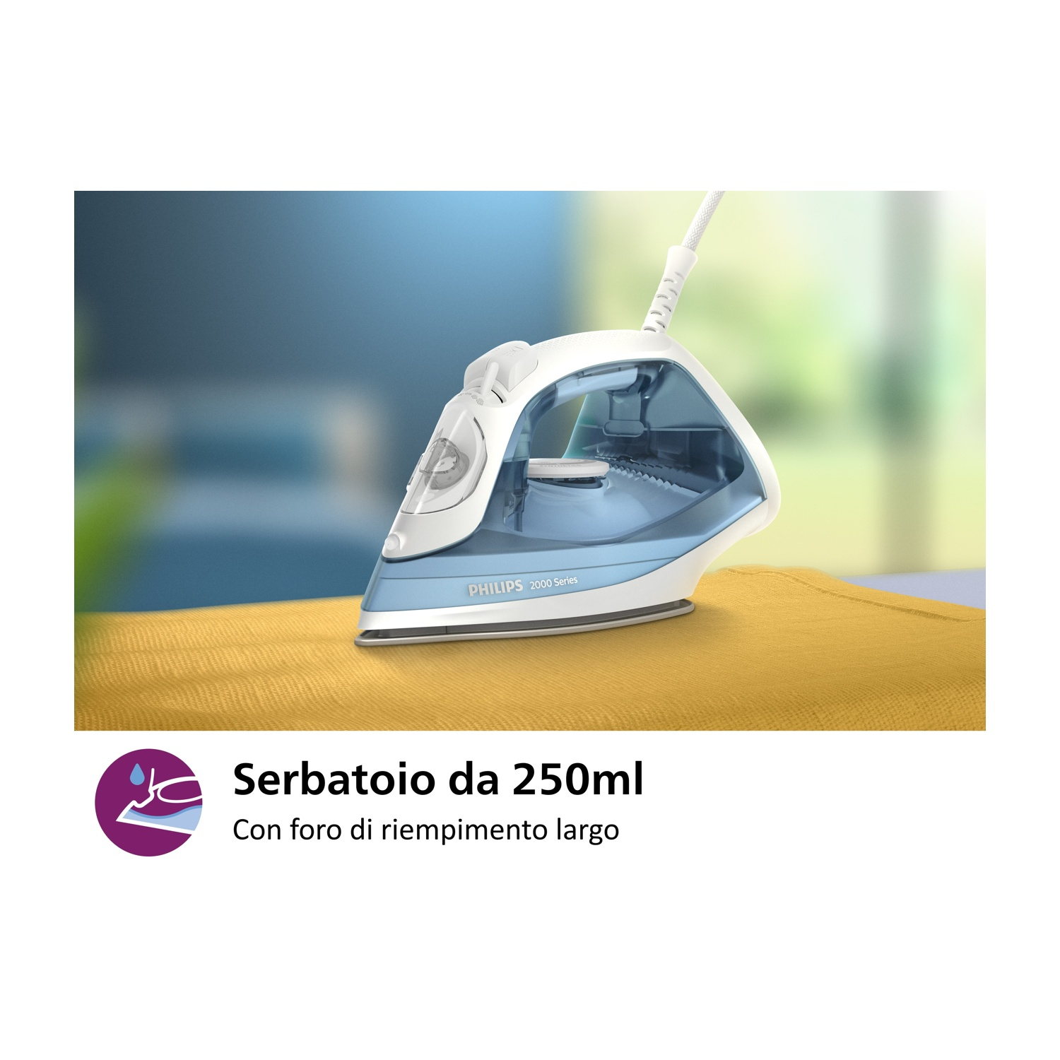 Ferro da stiro bianco e blu su superficie gialla. Testo: 'Serbatoio 250ml' e 'foro di riempimento largo'.