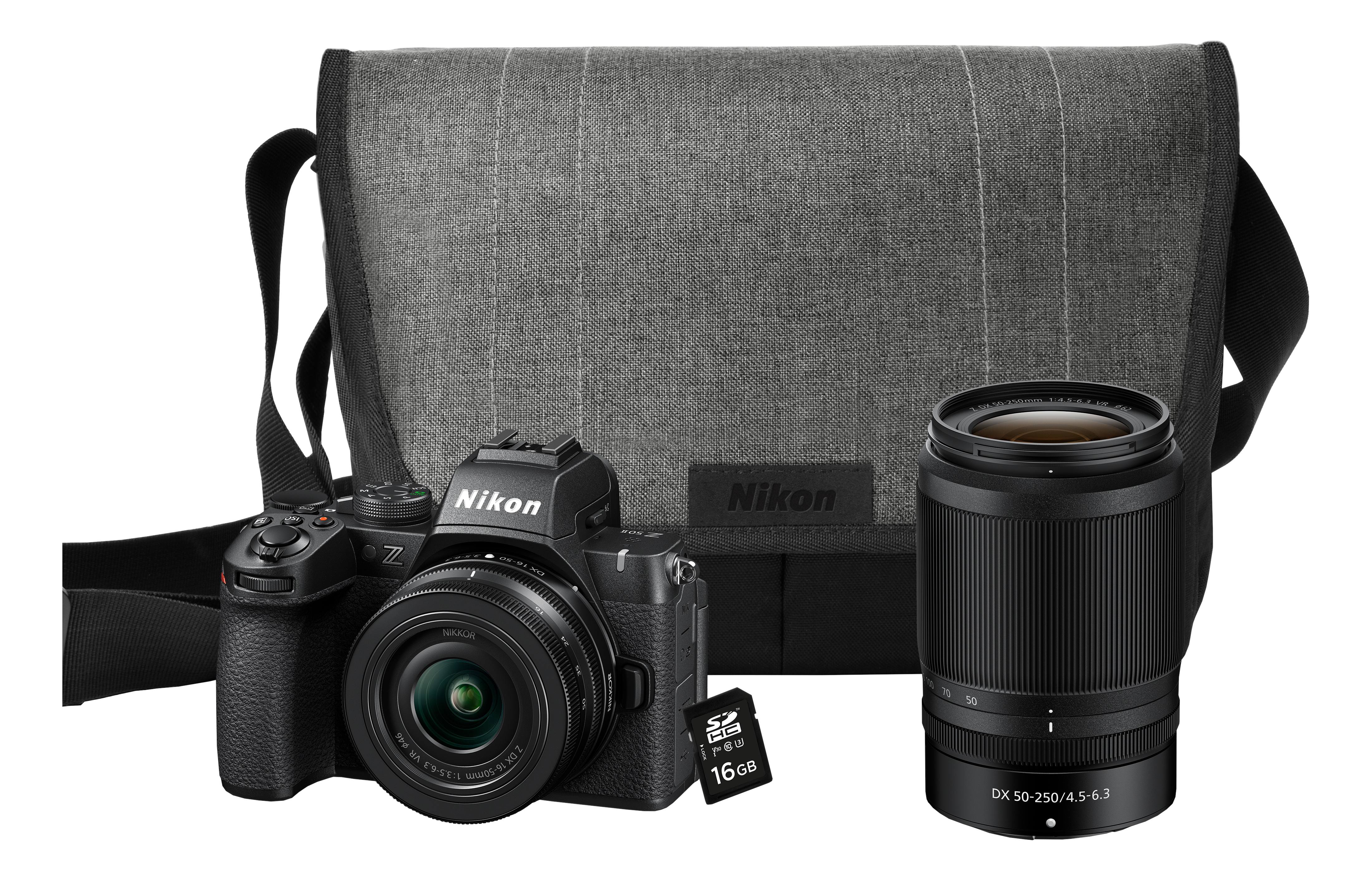 Nikon Kamera-Kit: Kamera, Objektiv, Tasche und Speicherkarte. Grau und schwarz.