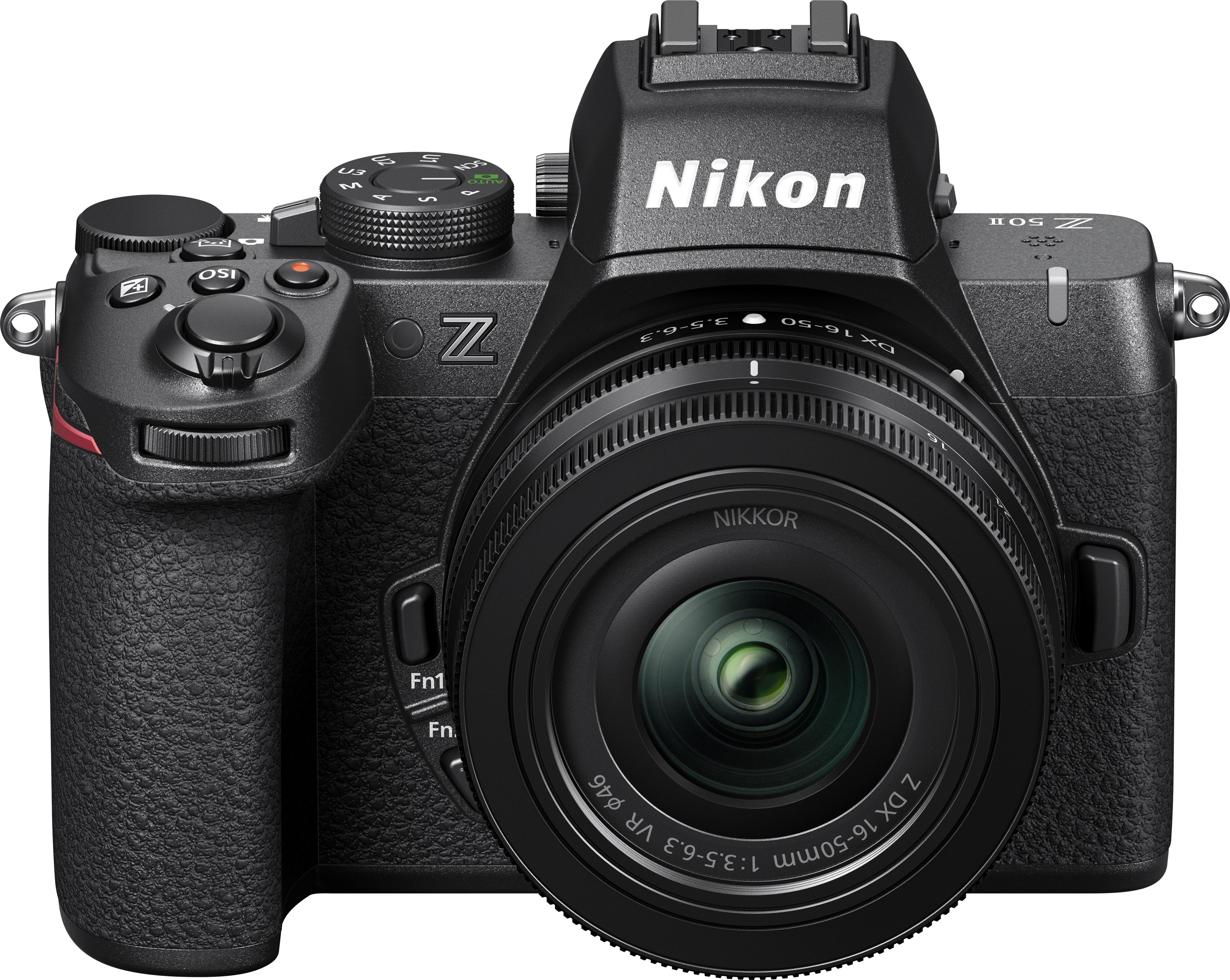 Schwarze Nikon-Kamera mit Objektiv und Knöpfen.