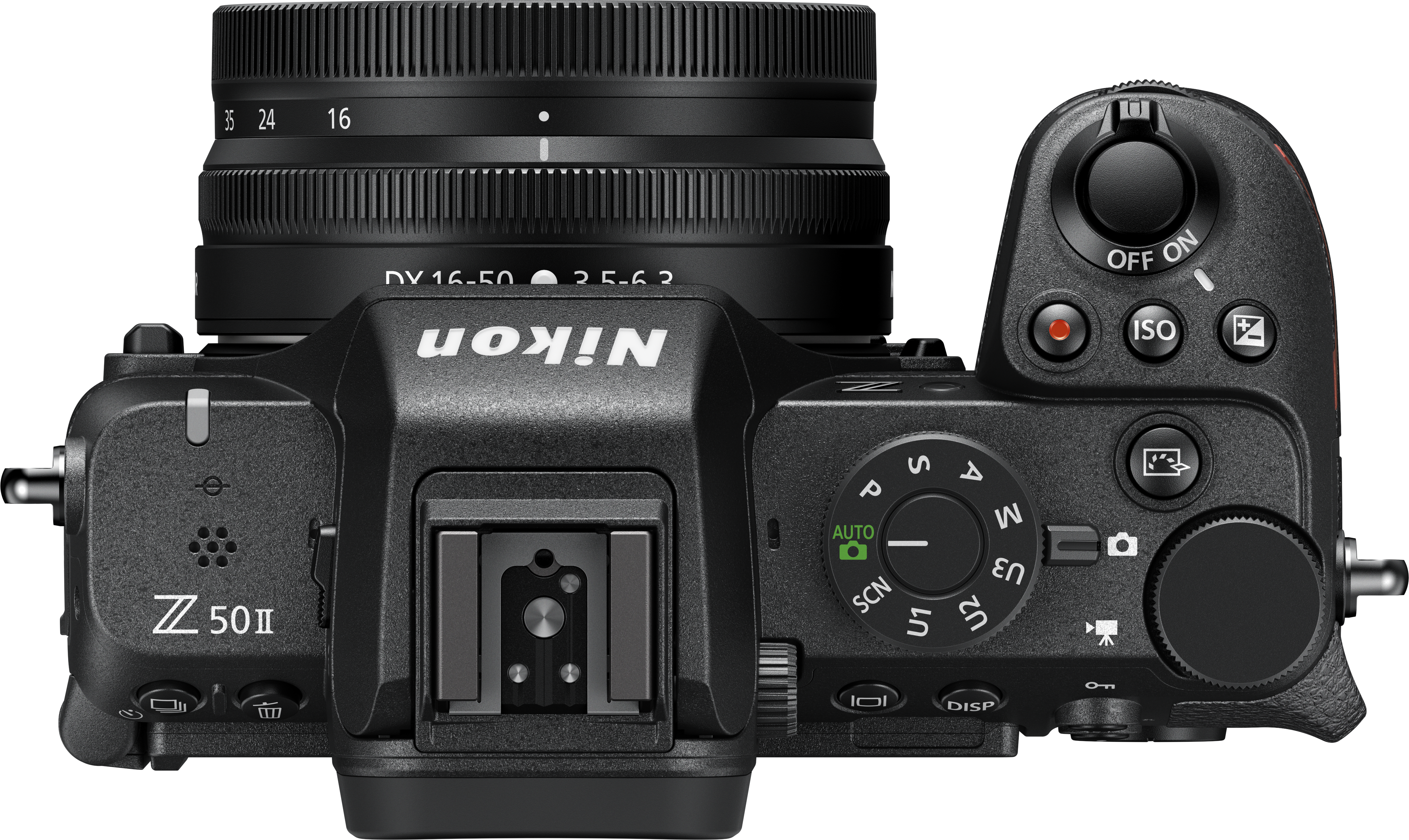 Eine Draufsicht auf eine schwarze Nikon Z 50 II Kamera.