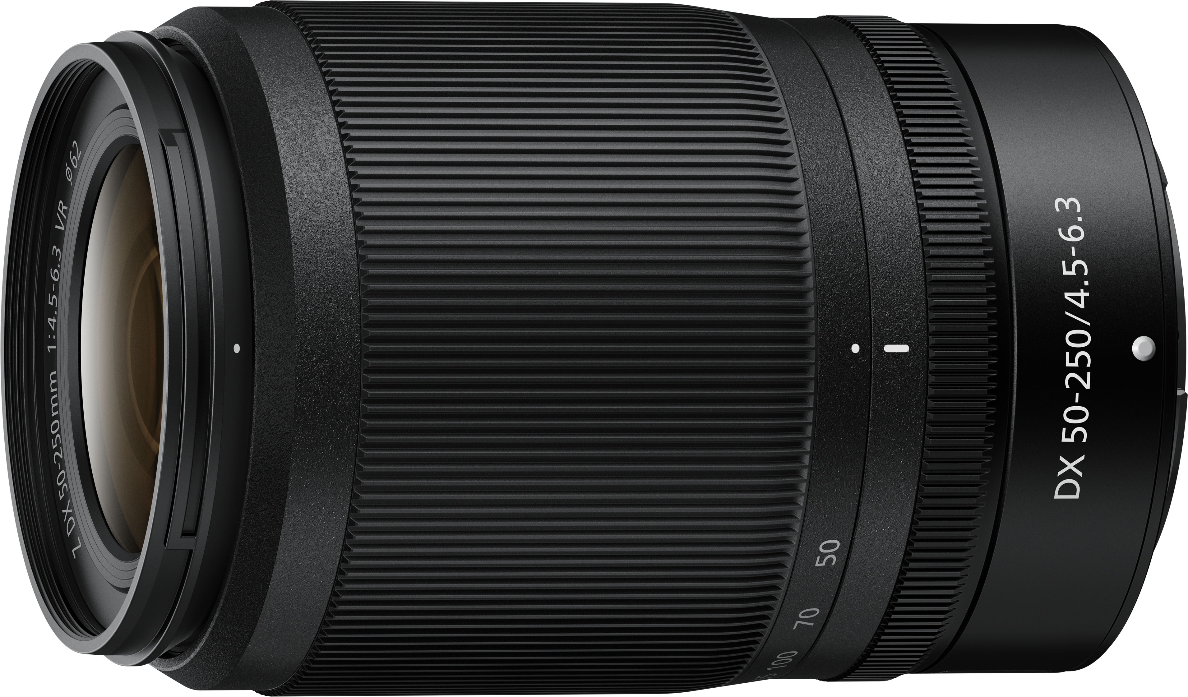 Ein schwarzes Kameraobjektiv mit den Worten „DX 50-250mm 1:4.5-6.3 VR“.