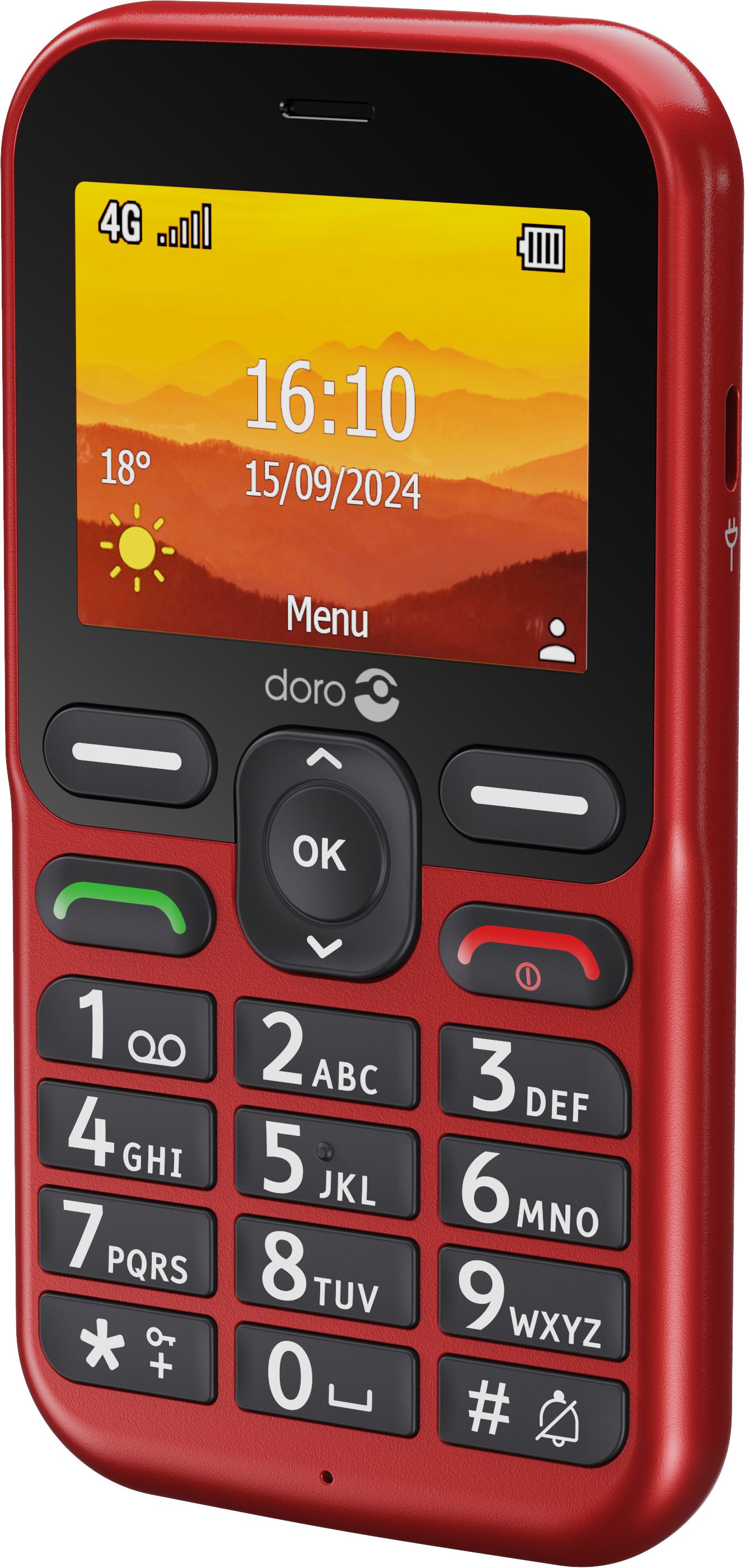 Rotes Doro-Telefon mit Bildschirm, der Zeit, Datum und Signal anzeigt. Große Tasten, einfaches Design.