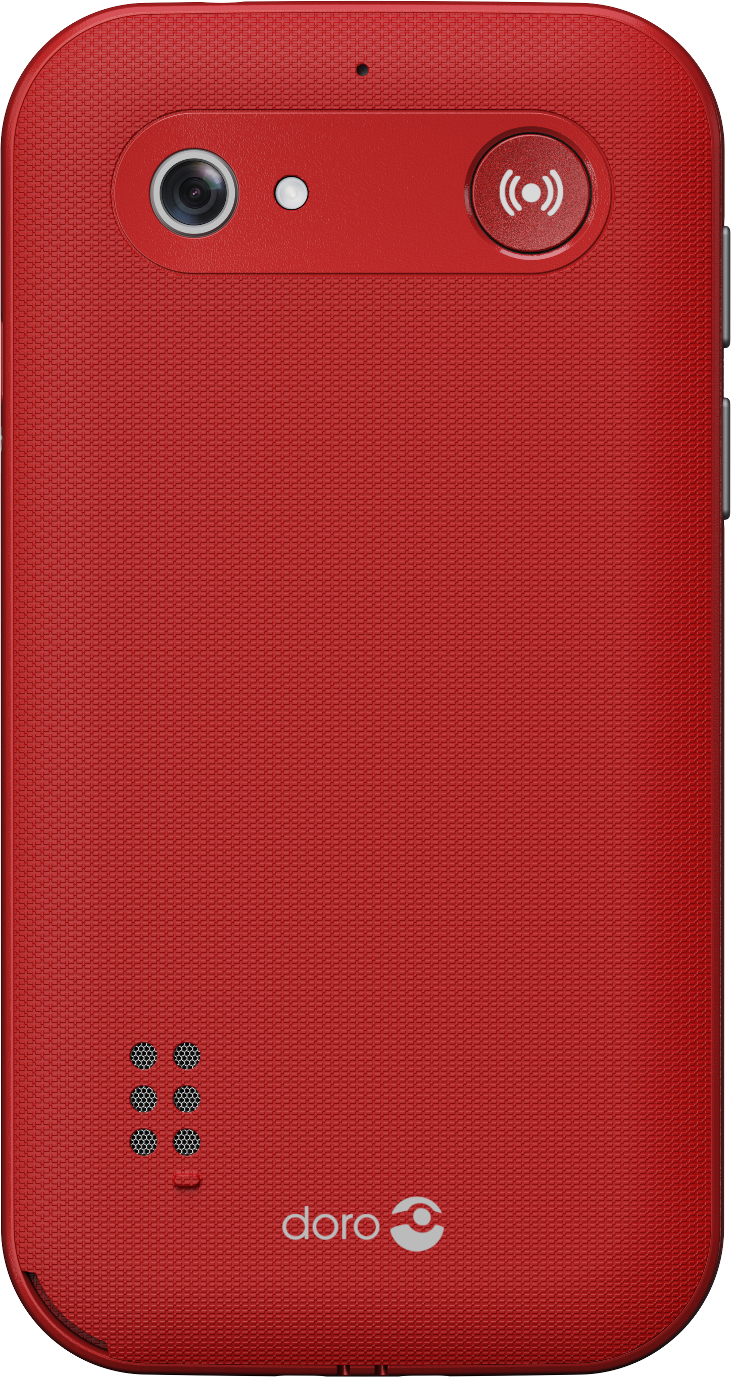 Rotes Mobiltelefon, Rückansicht, mit Kamera und NFC-Taste. Marke Doro.