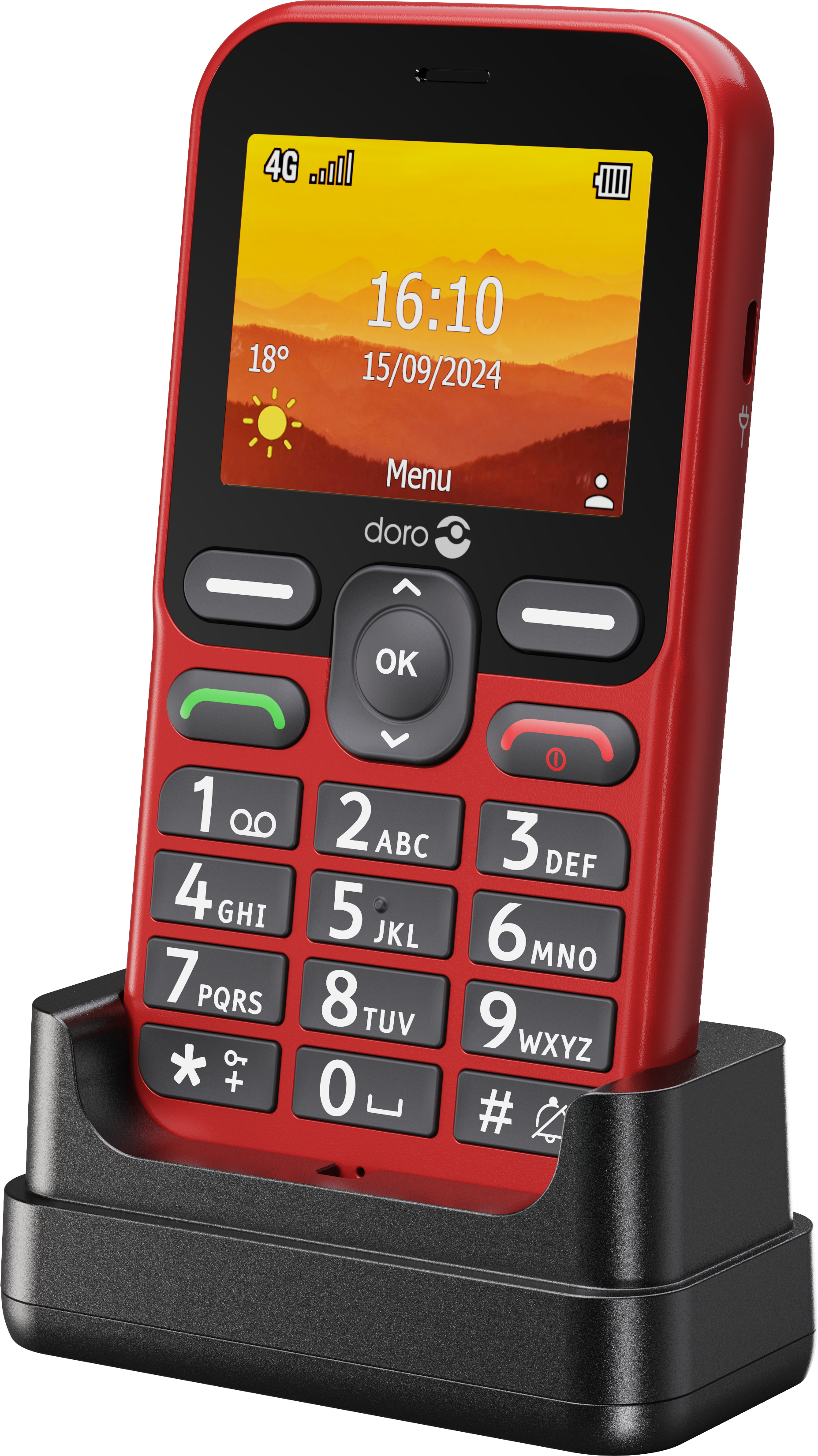 Ein rotes Doro-Mobiltelefon mit Ladestation.