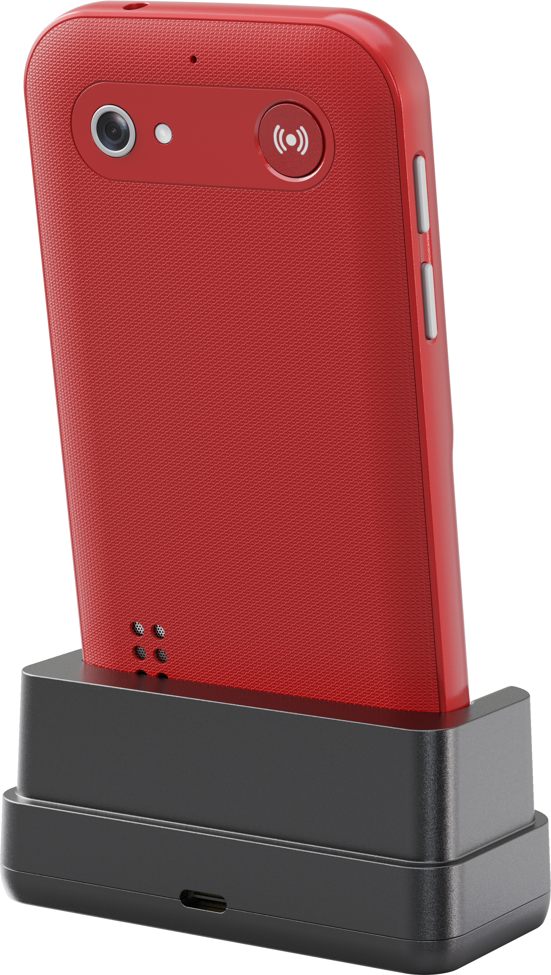 Rotes Telefon in einer schwarzen Ladestation. Das Telefon hat eine Kamera und eine Taste auf der Rückseite.
