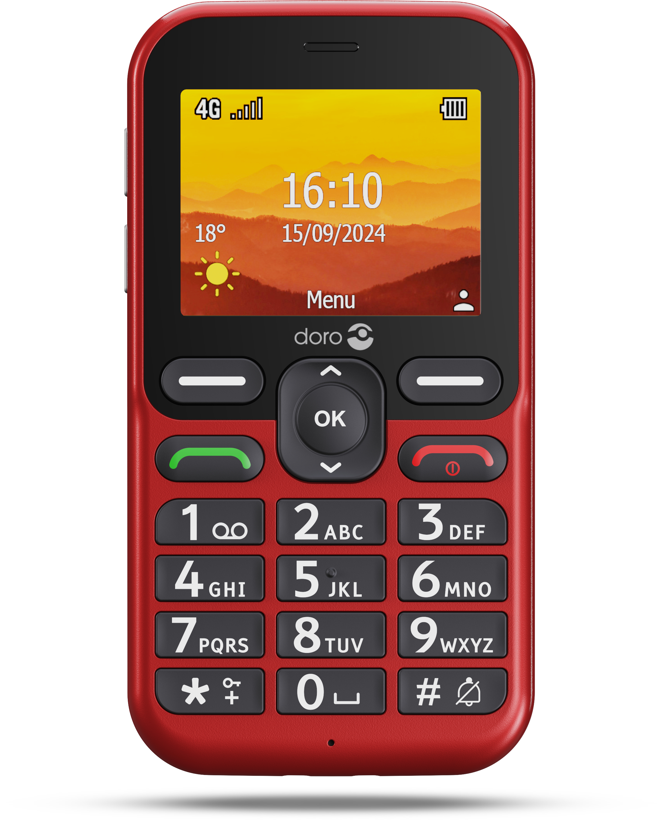 Ein rotes Doro-Mobiltelefon mit einem Display, das Datum und Uhrzeit anzeigt.