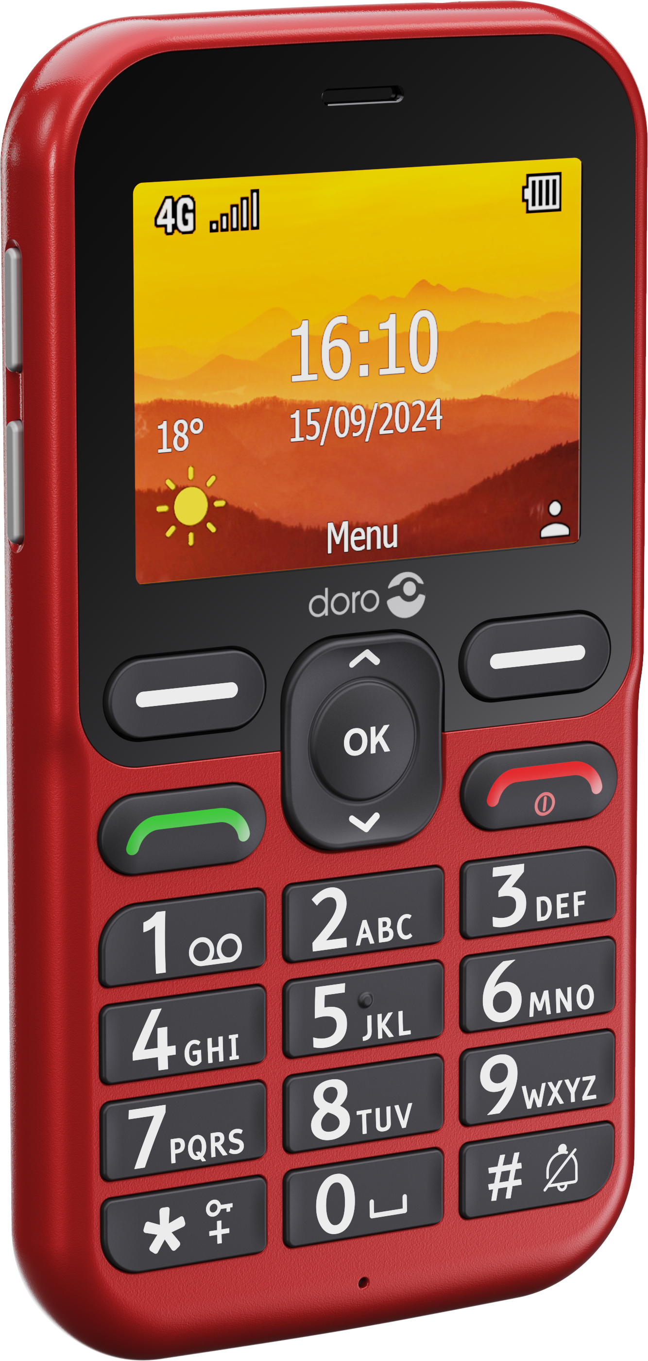 Ein rotes Doro-Mobiltelefon mit großer Tastatur und Display.
