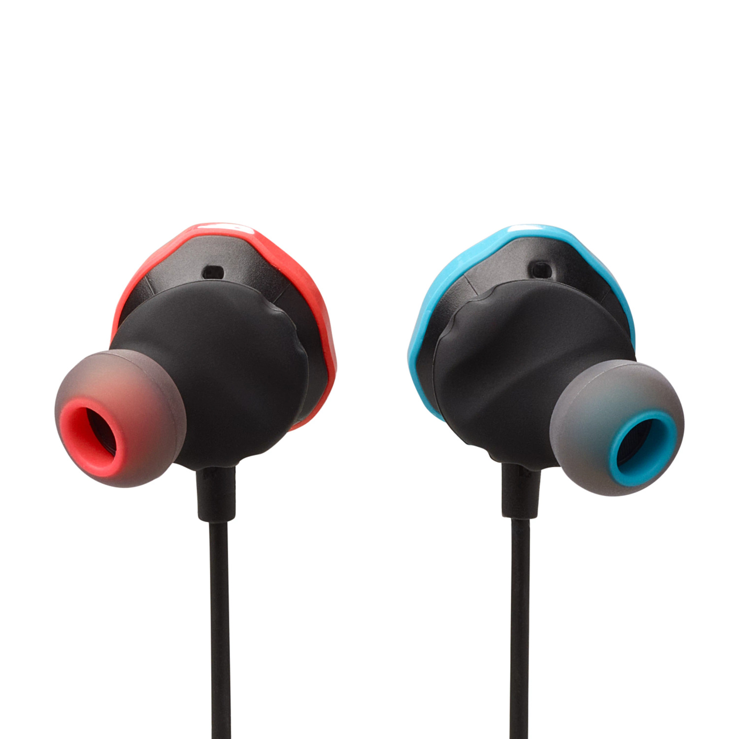 Deux écouteurs, un rouge et un bleu, avec des tiges noires et des embouts gris.