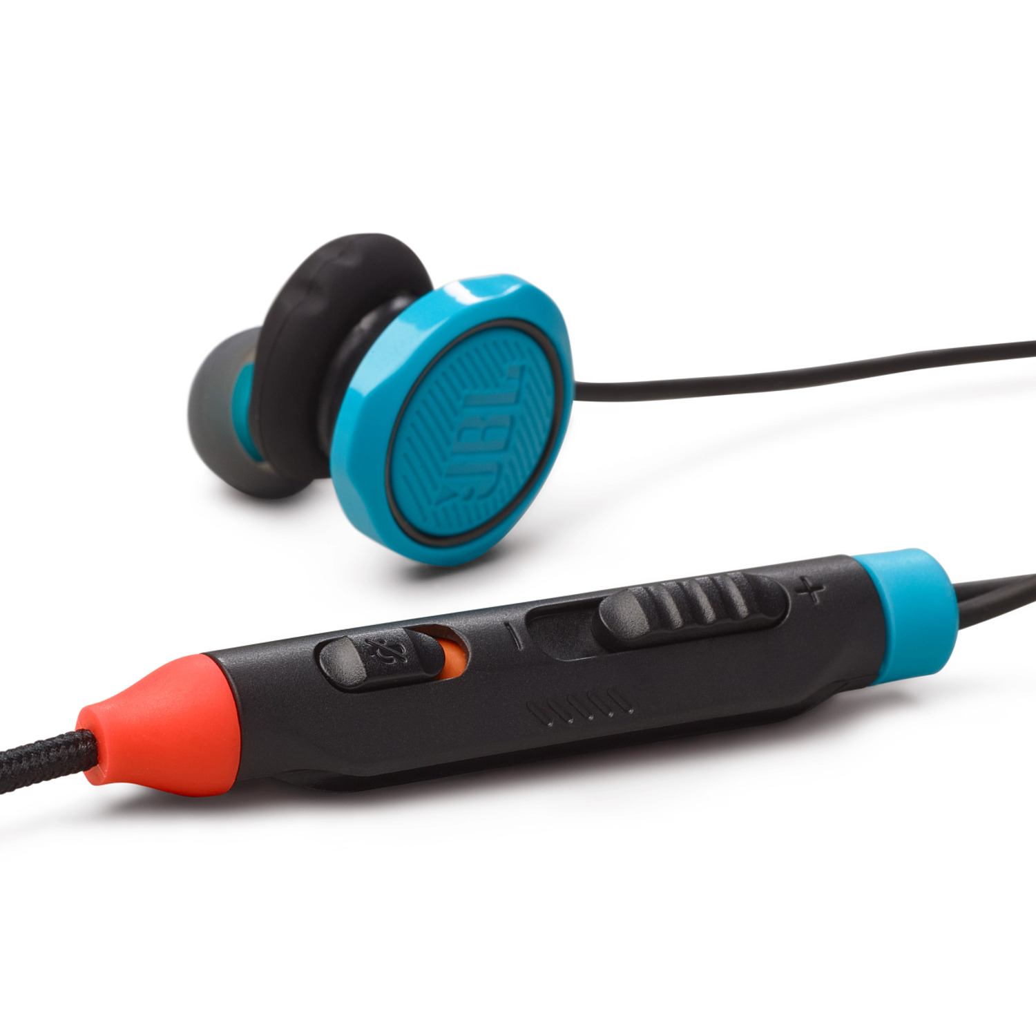 Écouteurs JBL avec un design bleu et noir, et une télécommande avec un accent rouge.
