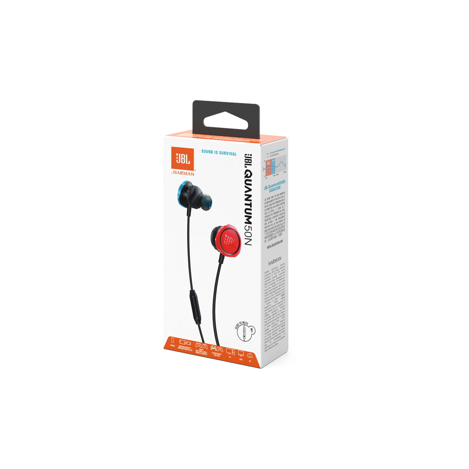 Une boîte d'écouteurs JBL Quantum 50. La boîte est principalement blanche et présente le produit.