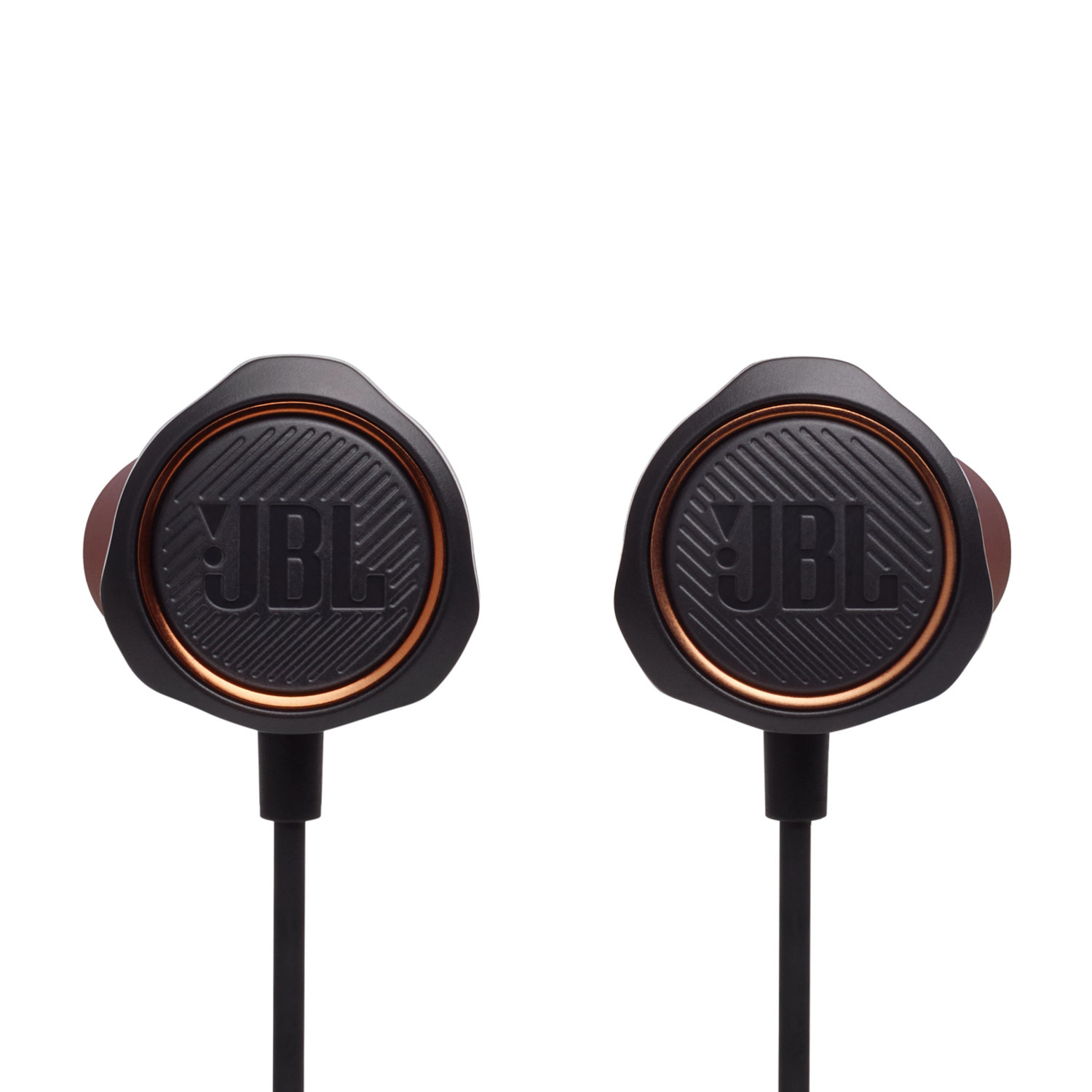 Paire d'écouteurs JBL noirs et cuivrés avec câbles noirs sur fond blanc.