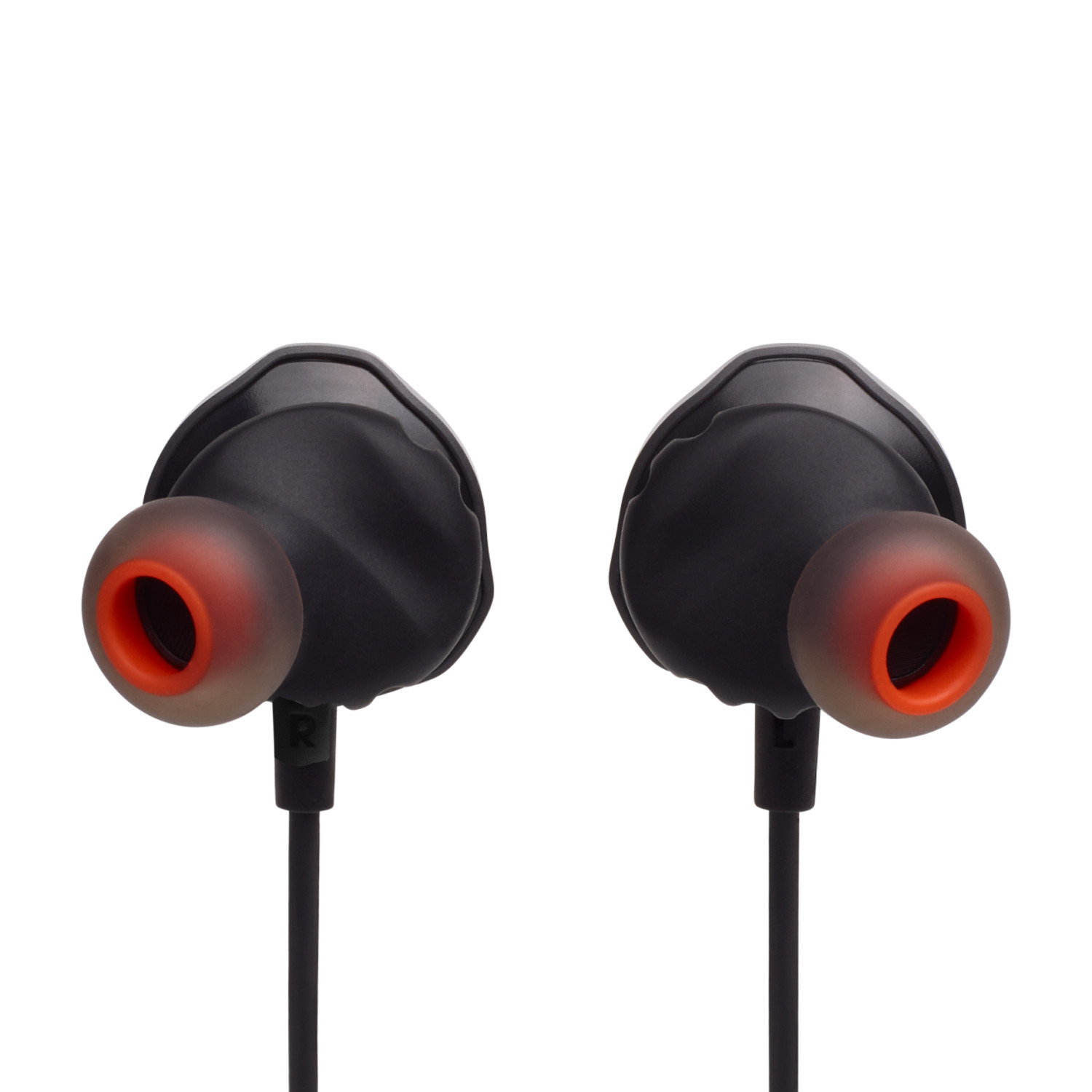 Deux écouteurs noirs avec des embouts d'oreille orange, isolés sur fond blanc.