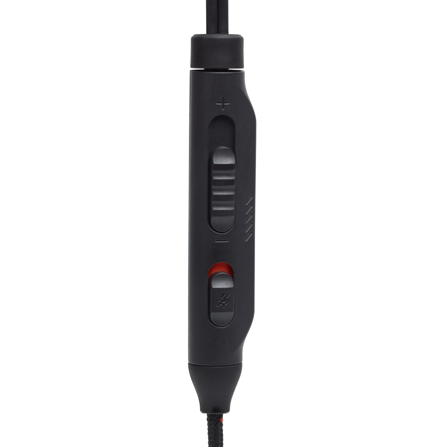 Télécommande en ligne noire avec commandes de volume et de microphone pour écouteurs.