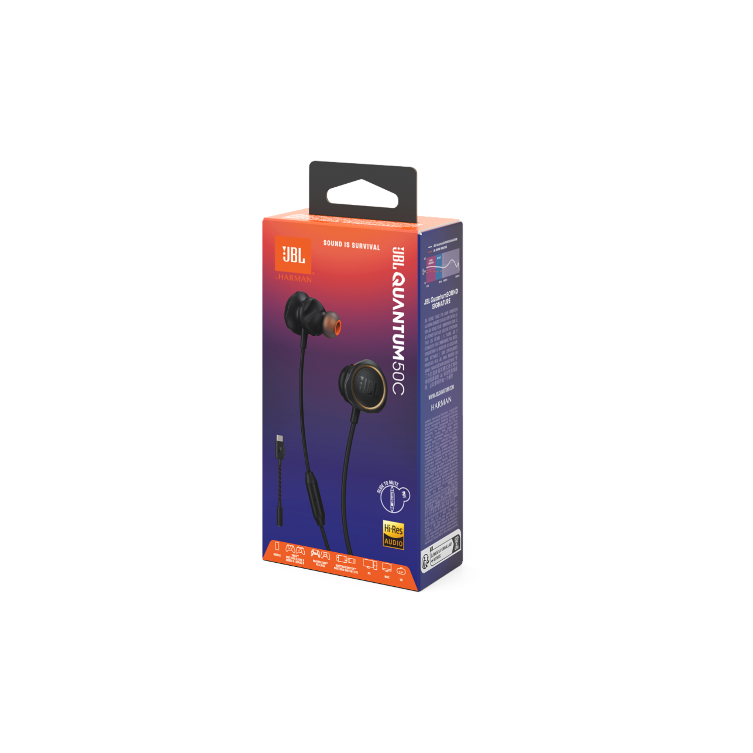 Boîte d'écouteurs JBL Quantum 50C. La boîte est noire avec des accents oranges et une image.