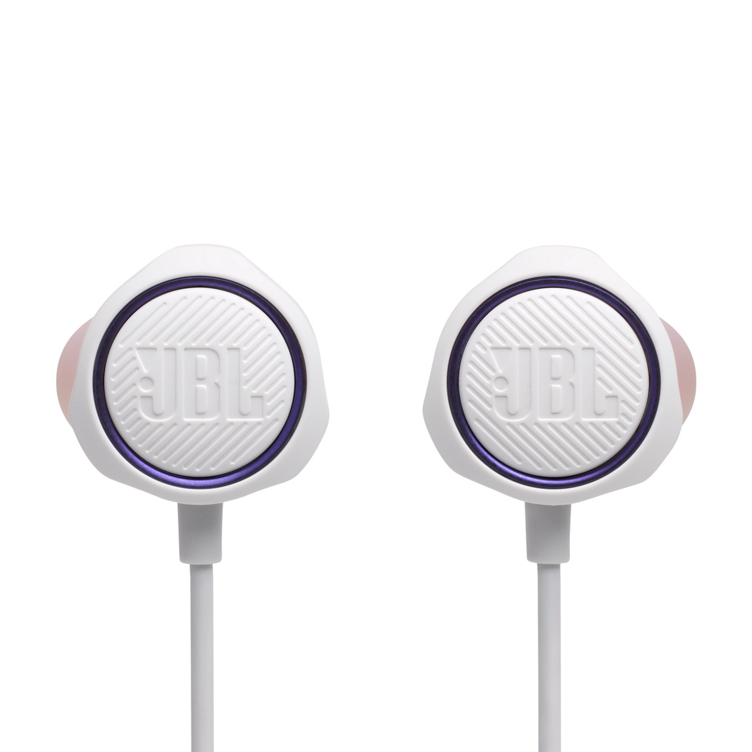 Paire d'écouteurs JBL blancs et violets, gros plan, fond blanc.