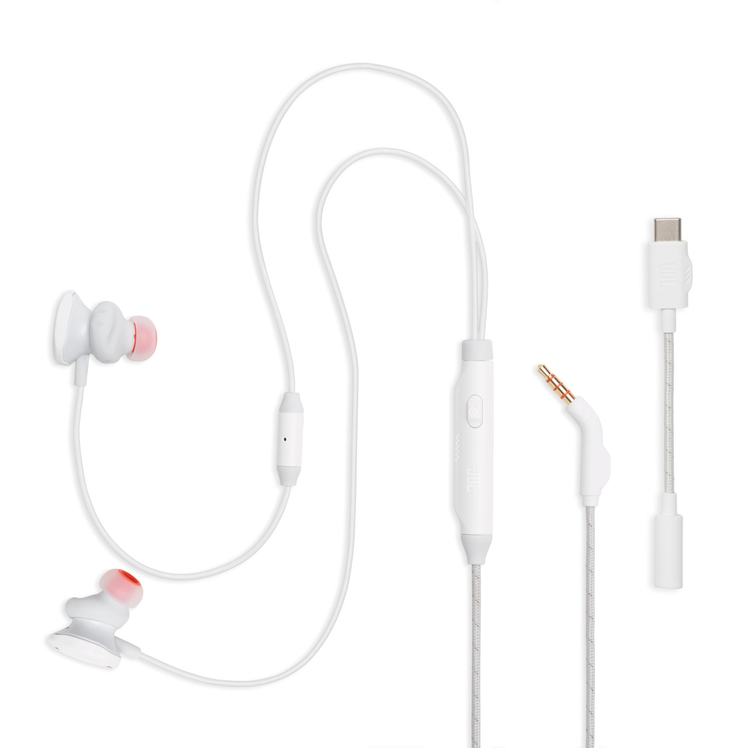 Écouteurs blancs avec micro et commandes intégrées, et un adaptateur USB-C.