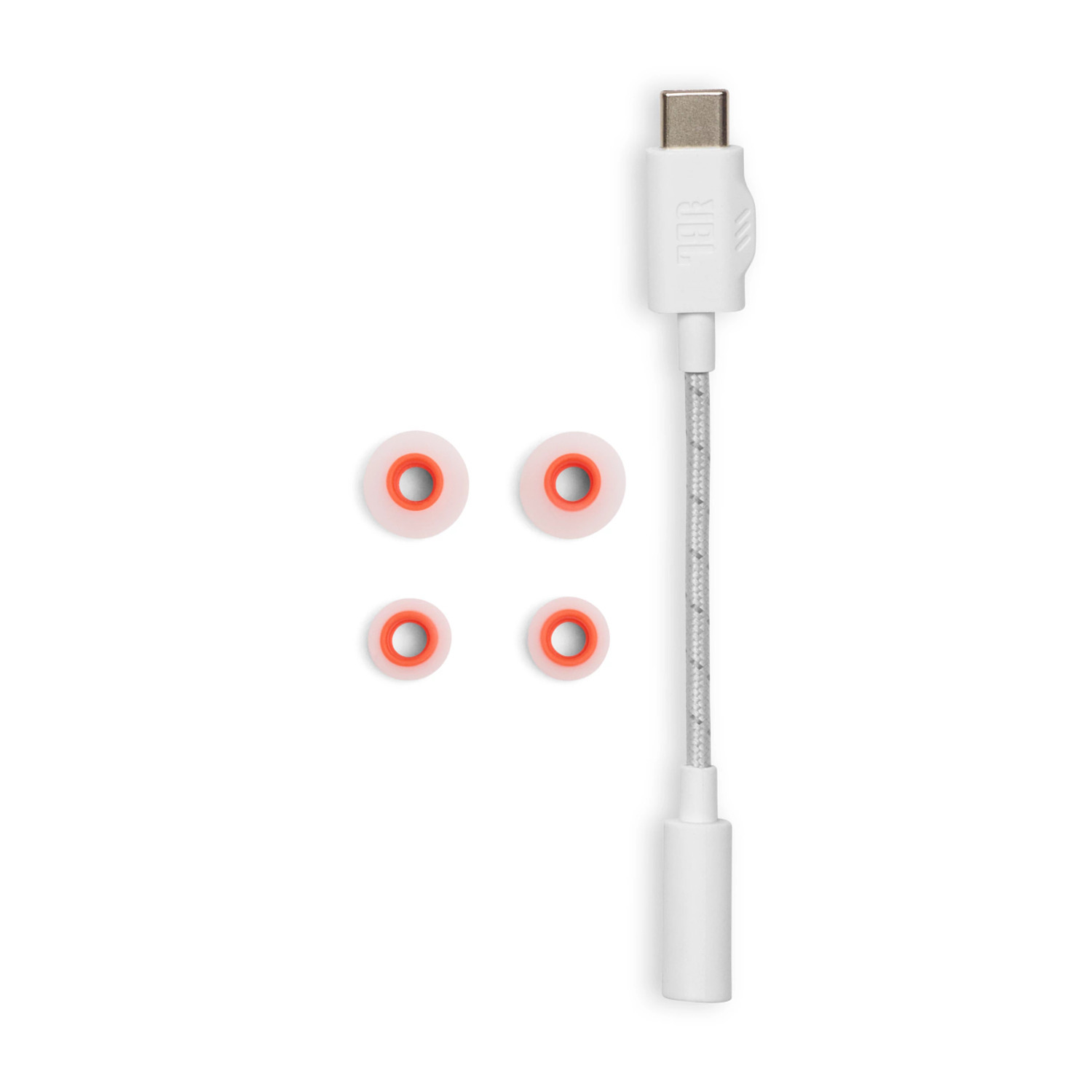 Câble USB-C vers Lightning blanc avec embouts d'écouteurs orange.