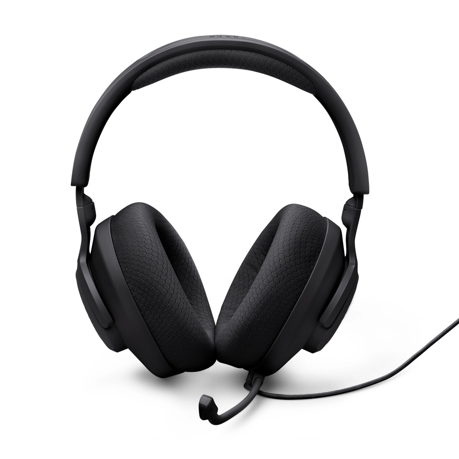 Black over-ear headphones. Black headband and earcups. Black cable. White background.