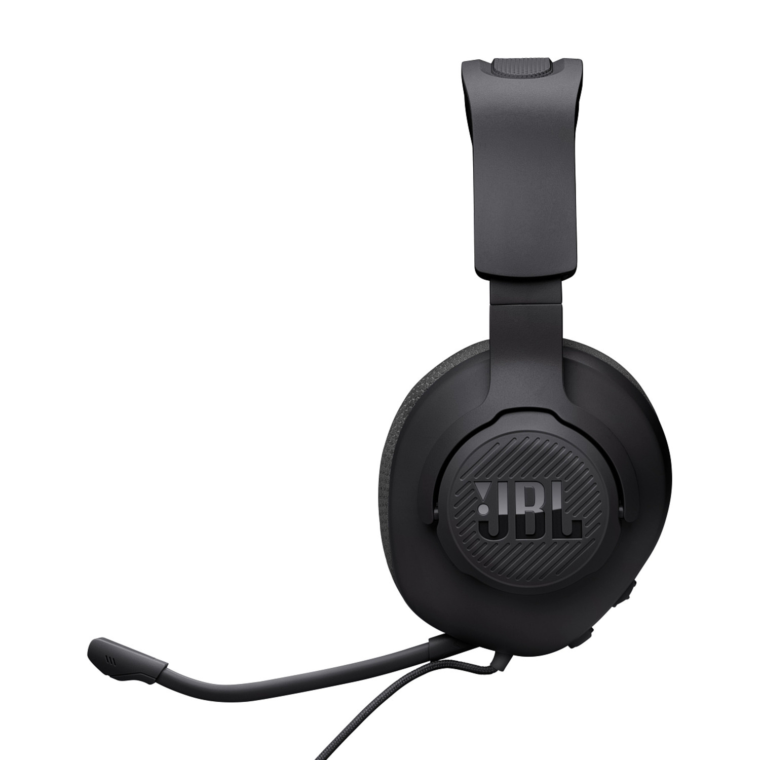 Black JBL headphones with a microphone. The headphones are over-ear and have a logo on them.