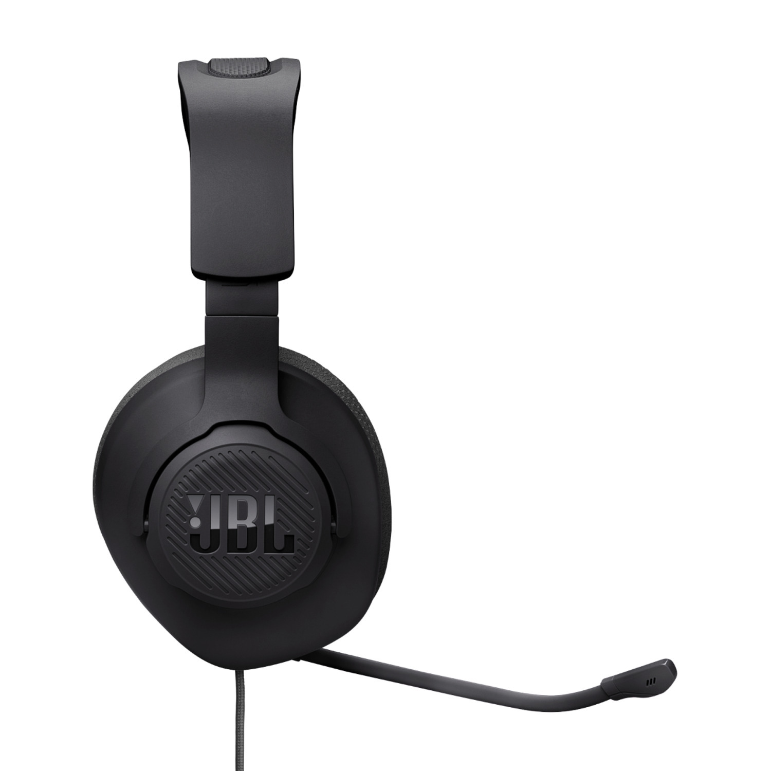 Black JBL headphones with a microphone attached.
