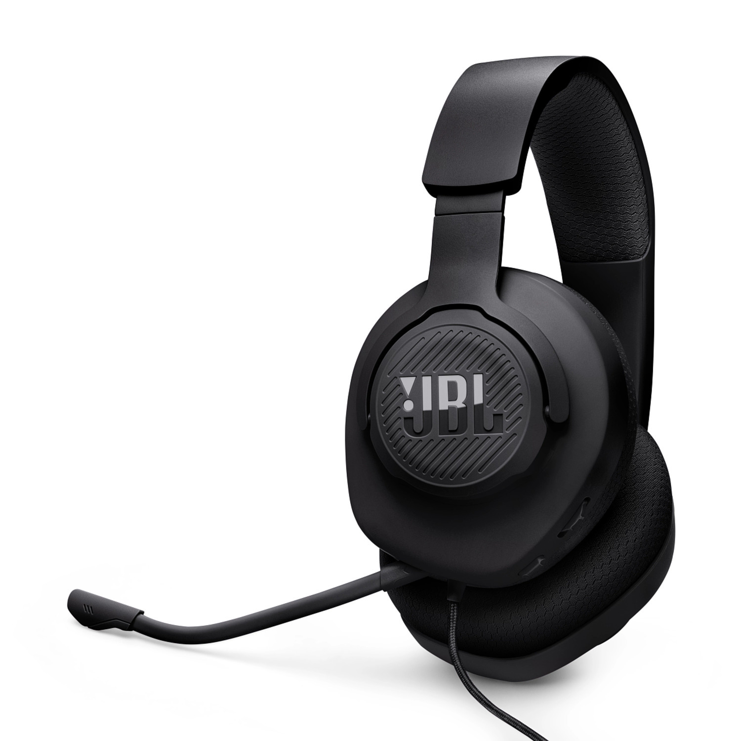 Black JBL headset with a microphone extending from the left side. White background.