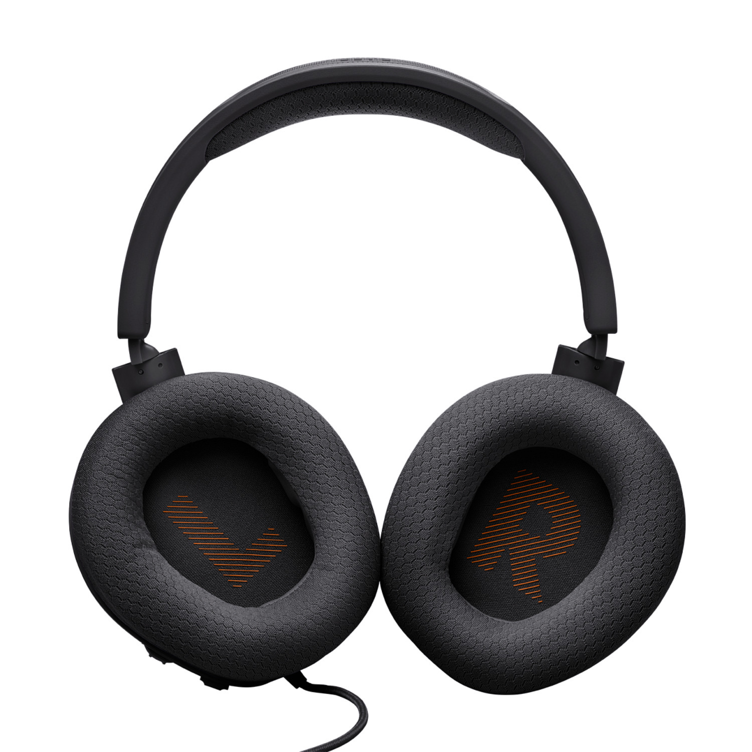Black headphones with orange accents on the earcups. The cable is black.