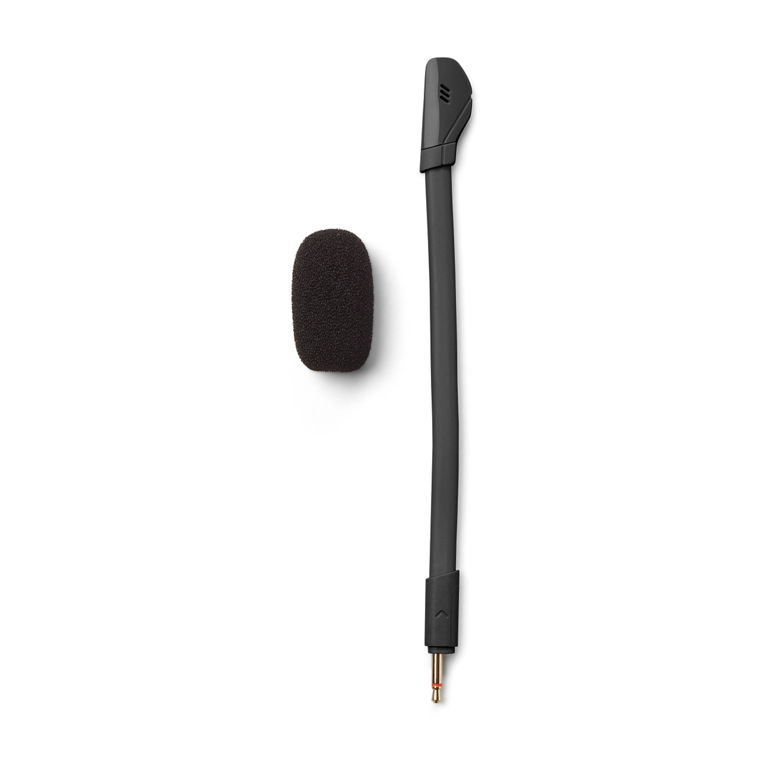 Black microphone and a foam cover on a white background.