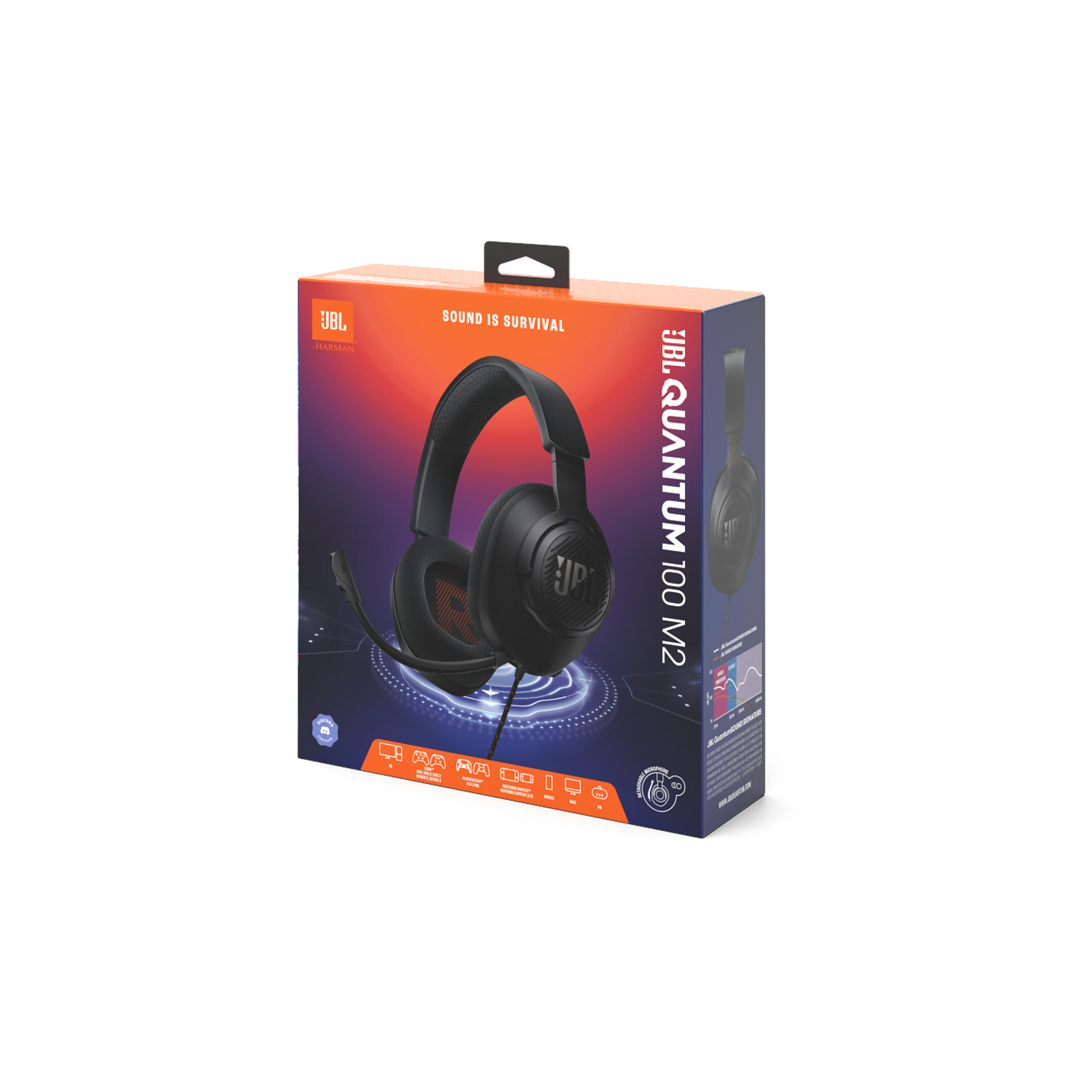 JBL Quantum 100 M2 gaming headset box, with headset illustration.