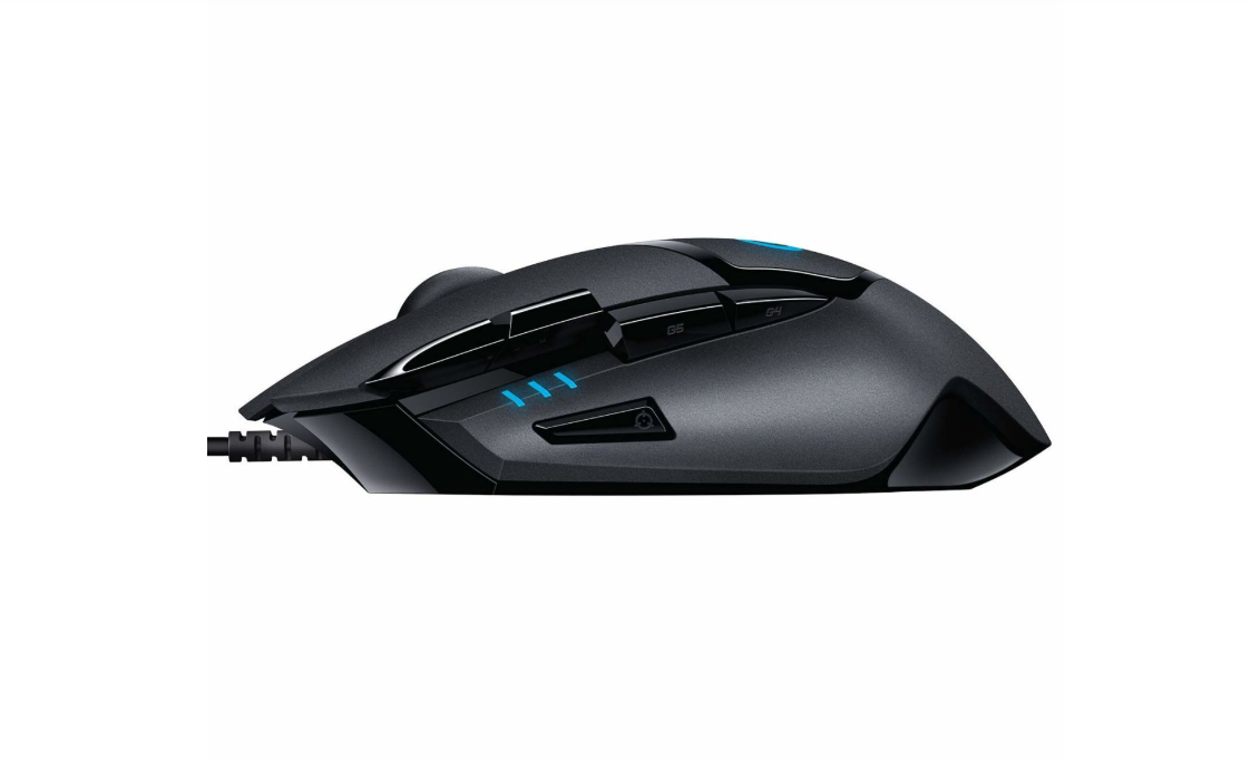 Eine schwarze Computermaus mit blauen Akzenten auf weißem Hintergrund.