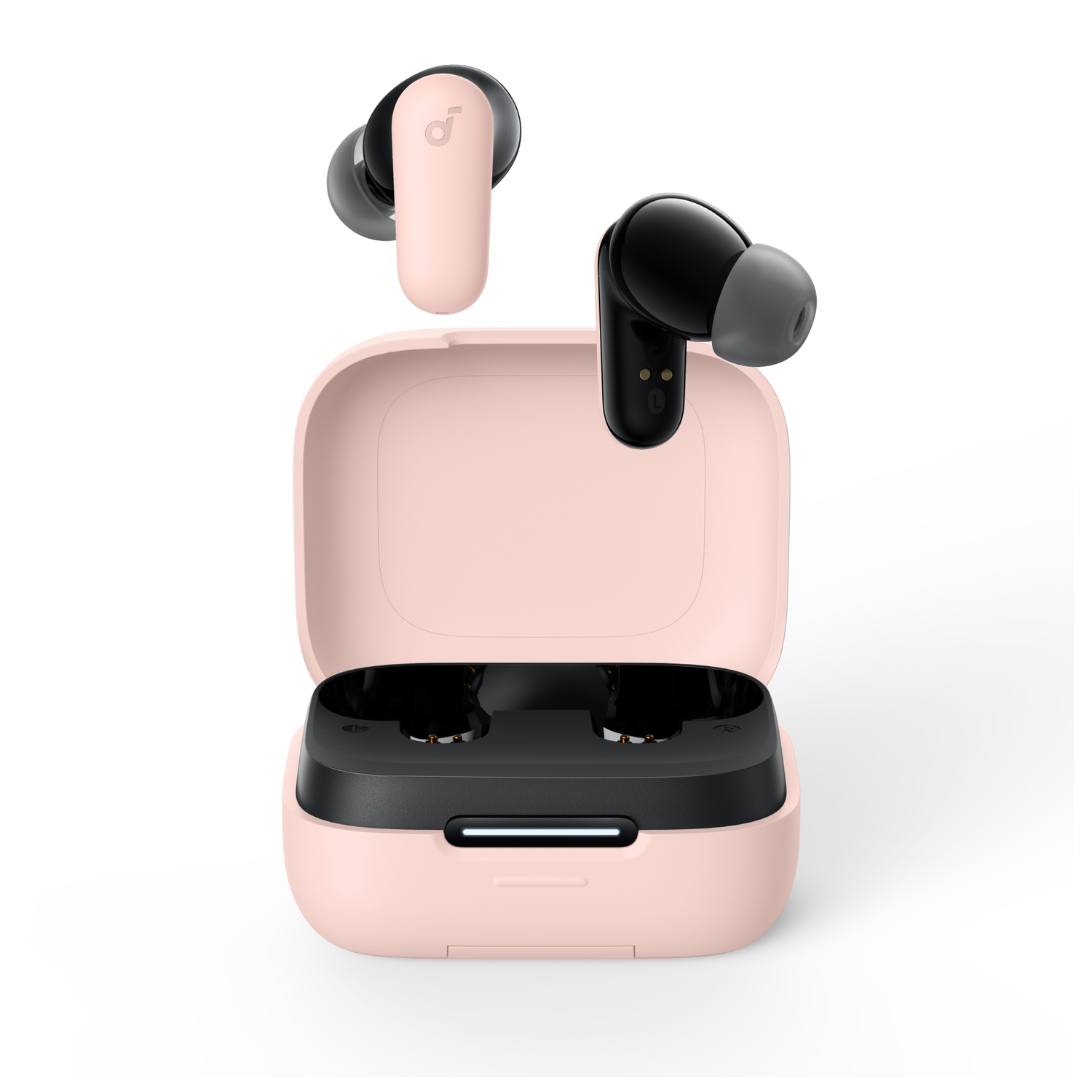 Roze en zwarte oordopjes in een roze oplaadcase. De case is open en toont de oordopjes.