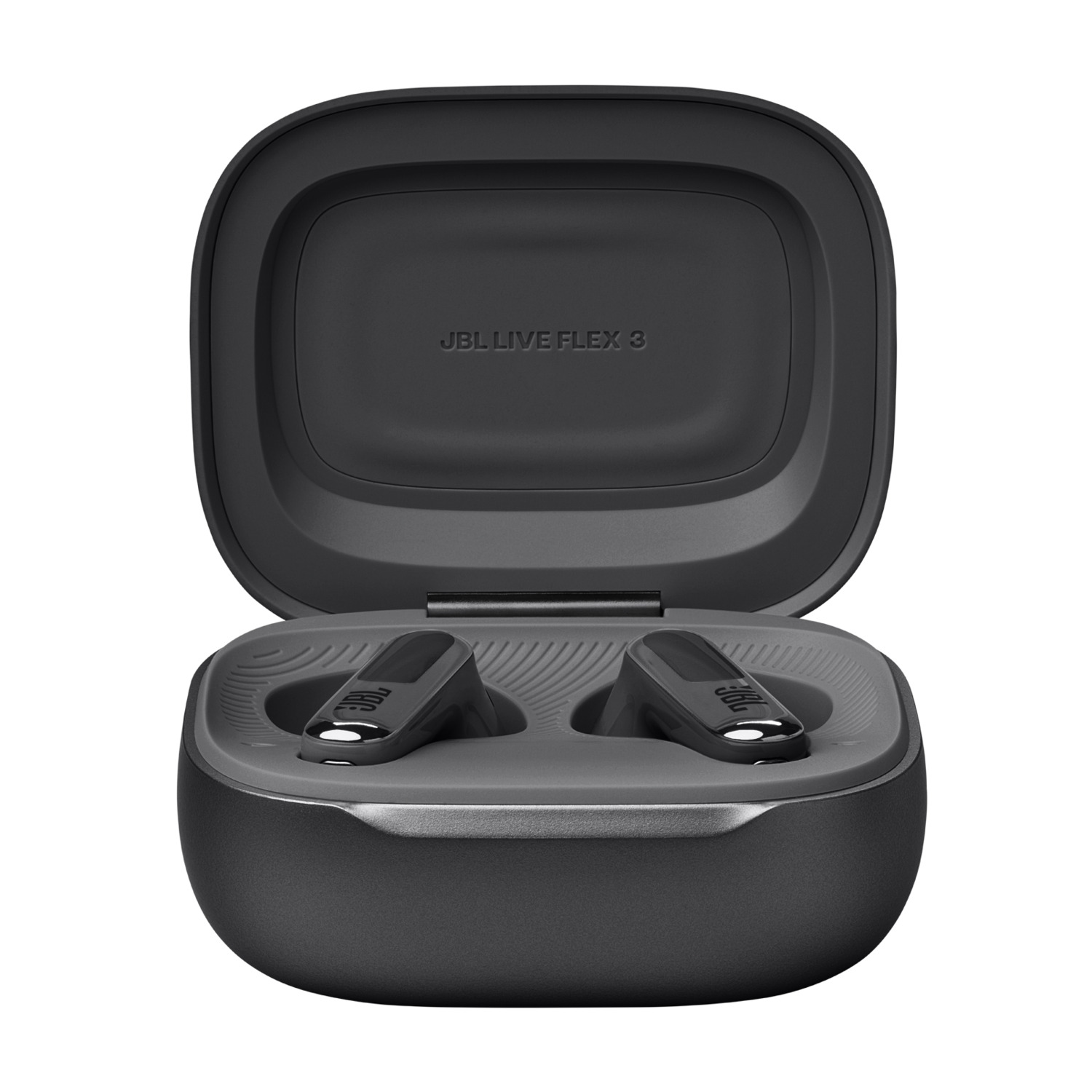 Black JBL earbuds in a charging case. The case is open, revealing the buds inside.